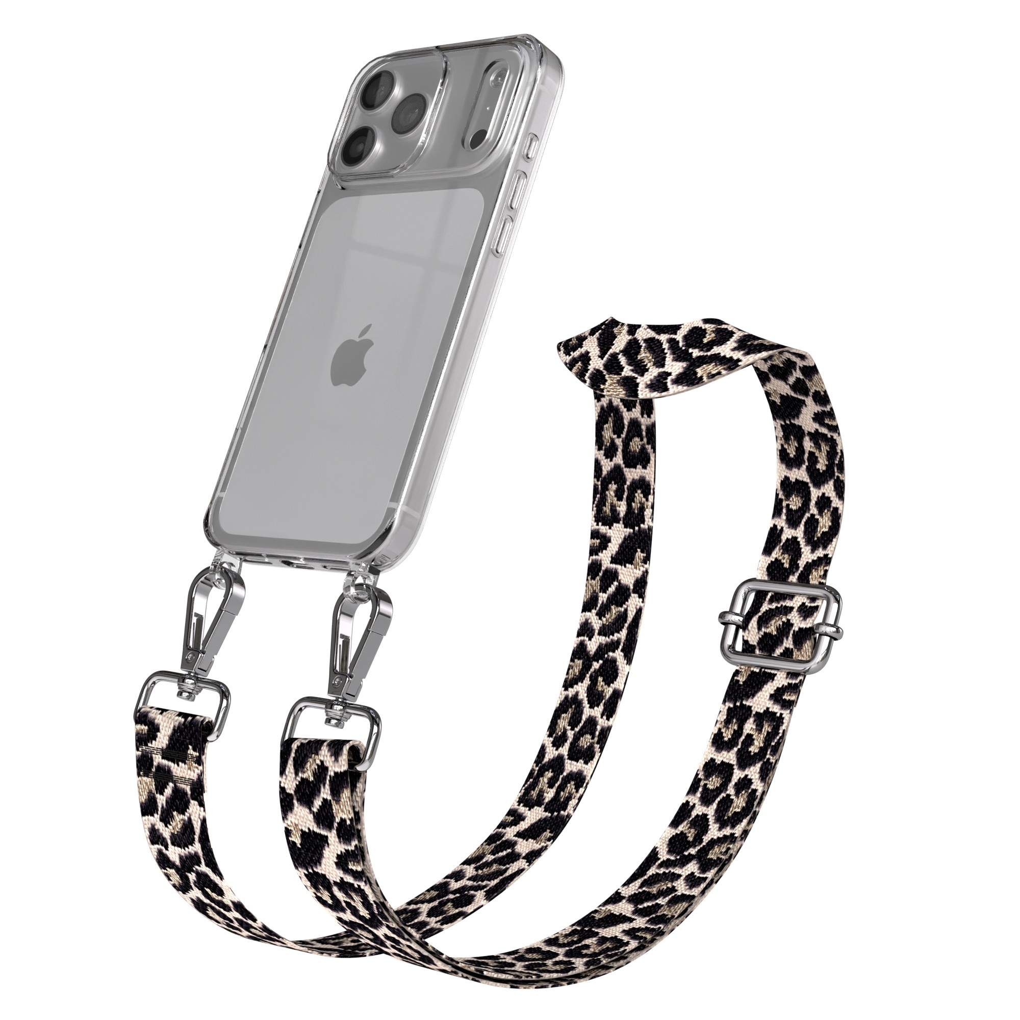 Transparente Handyhülle mit Leopardenmuster-Gurt. Das Telefon ist silberfarben und der Gurt ist schwarz und beige. Metallverschlüsse verbinden den Gurt.