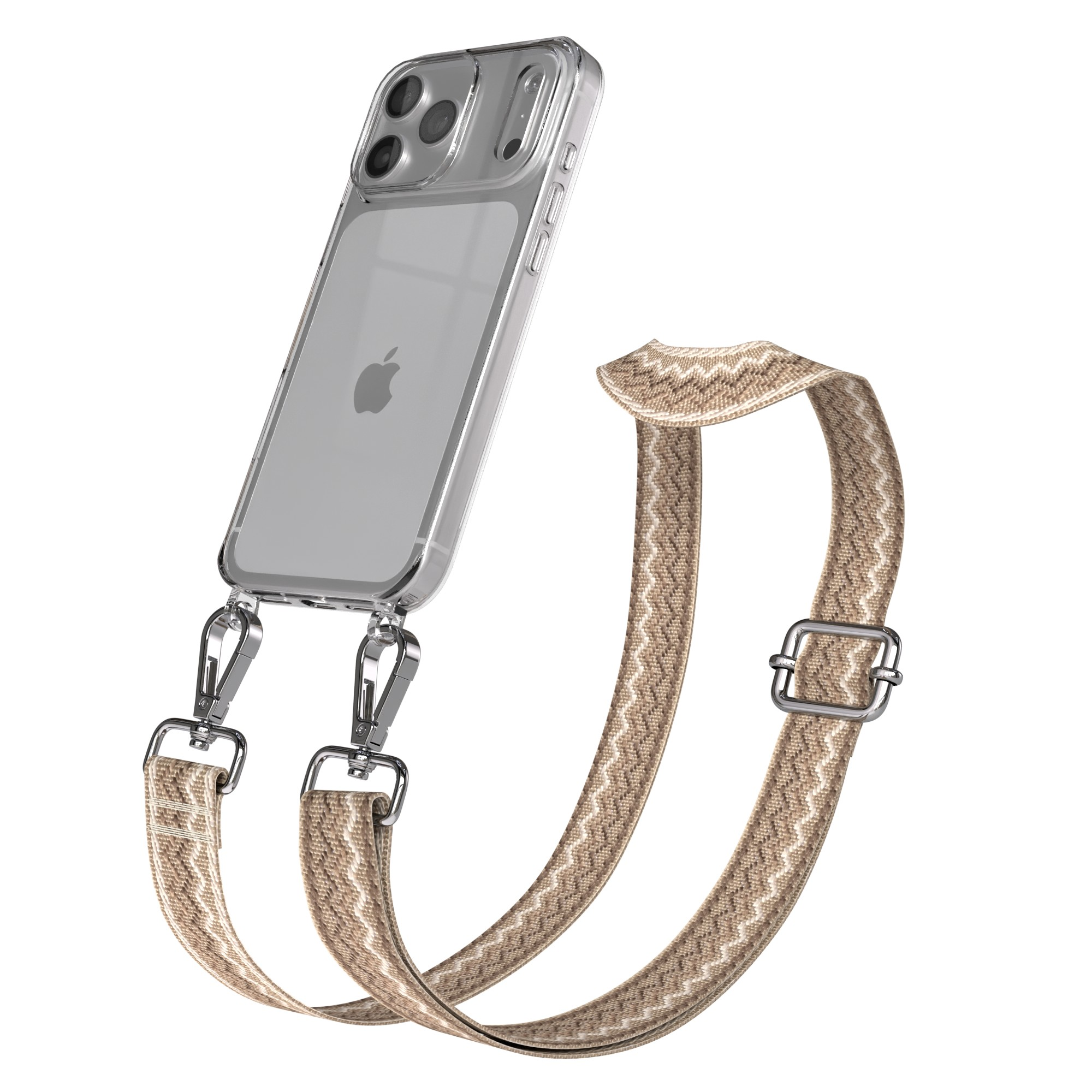 Klares iPhone mit gemustertem Riemen. Der Riemen ist beige mit geometrischem Design und silberner Hardware.