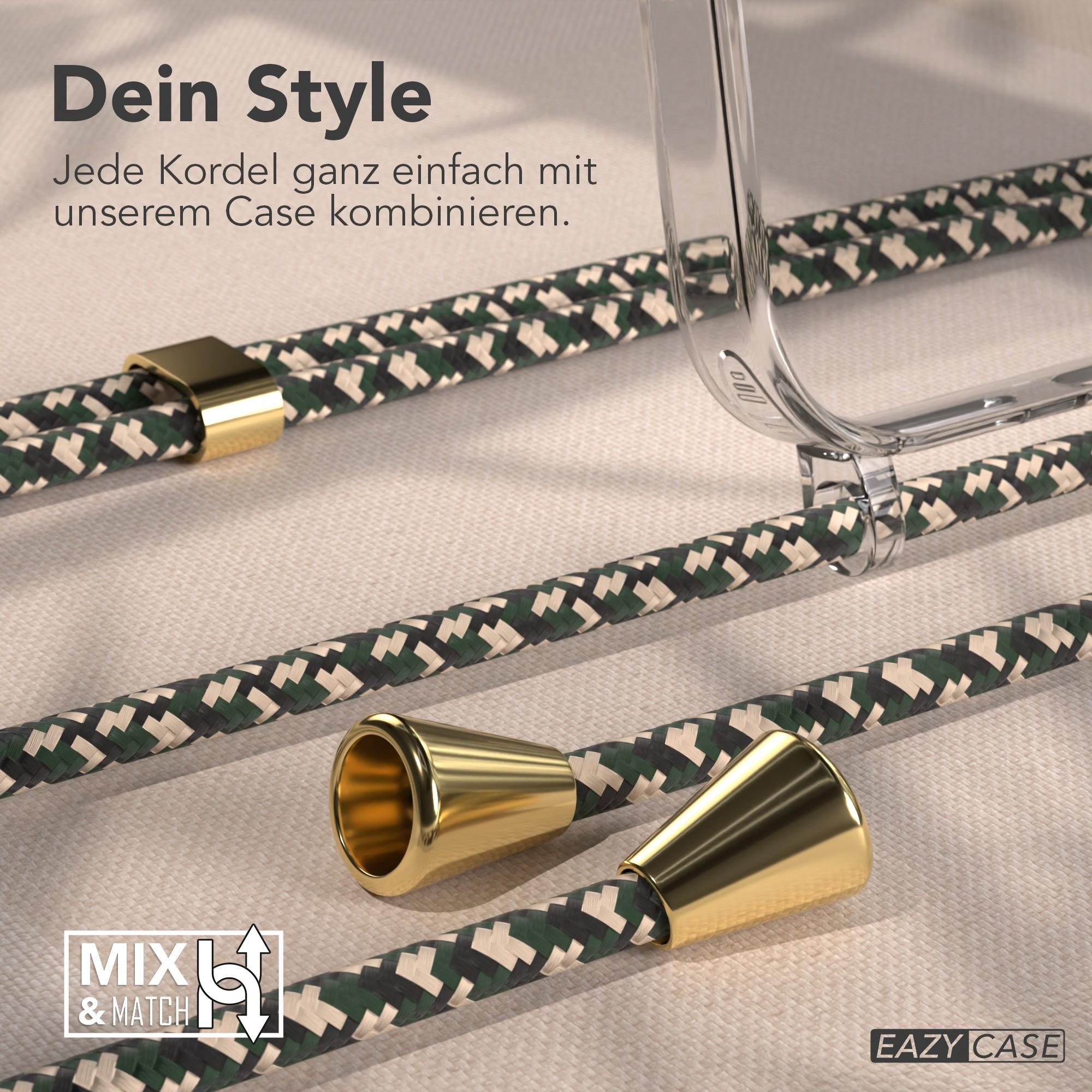 Das Bild zeigt Telefonschnüre mit goldenen Akzenten, eine transparente Handyhülle und Text: Dein Style, Mix & Match, EAZY CASE.
