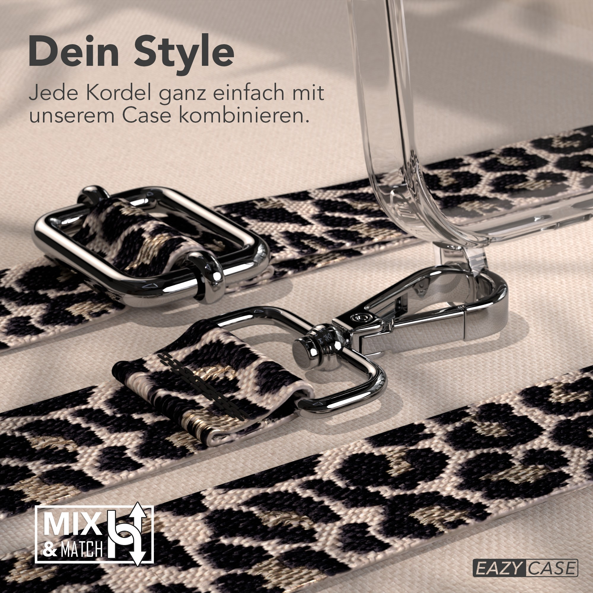 Ein Telefoncase mit Leopardenmuster-Gurt und silberner Hardware. Der Hintergrund ist ein beiger Stoff.