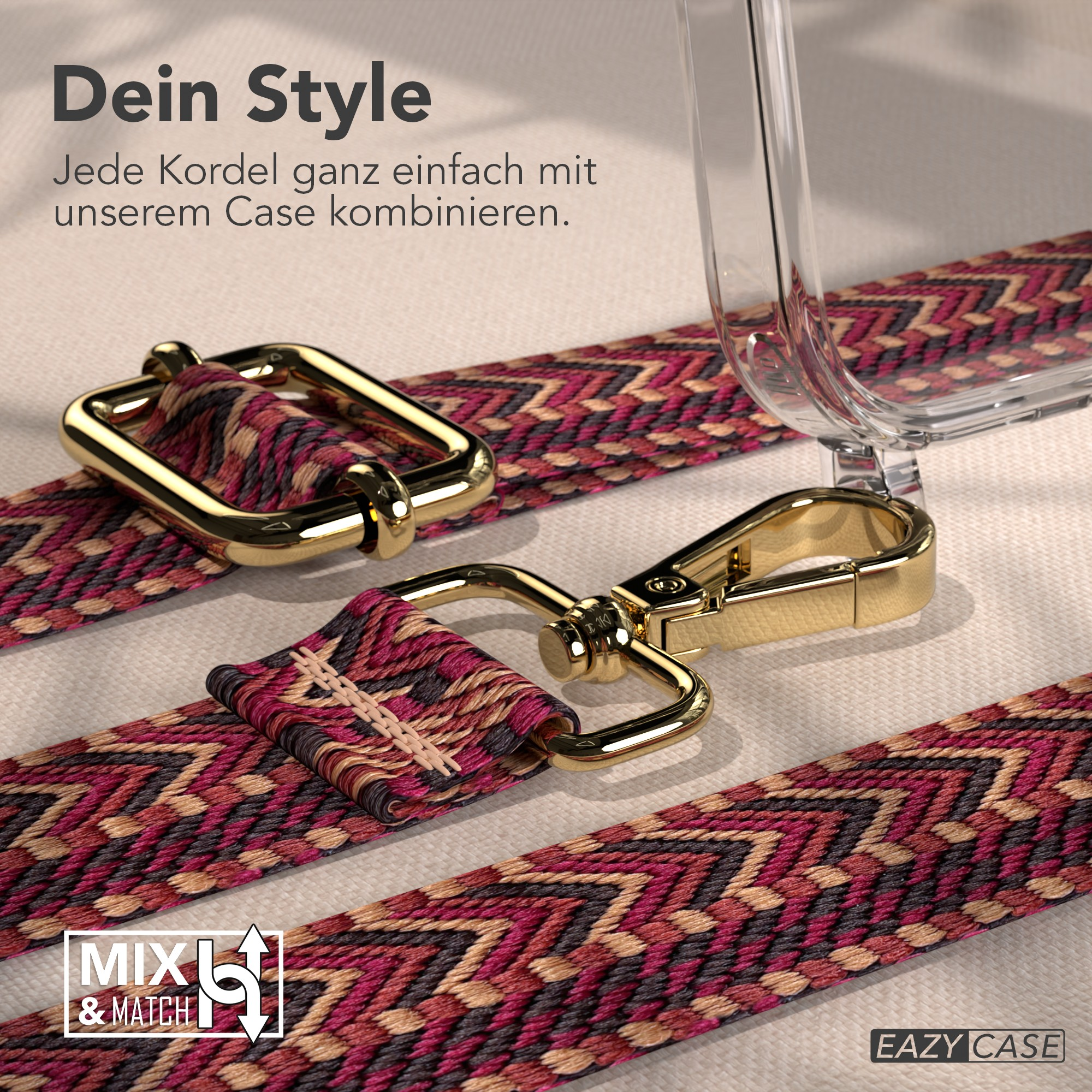 Ein Handyhüllenriemen mit goldfarbener Hardware. Der Riemen hat ein geometrisches Muster in Burgunderrot, Schwarz und Beige.