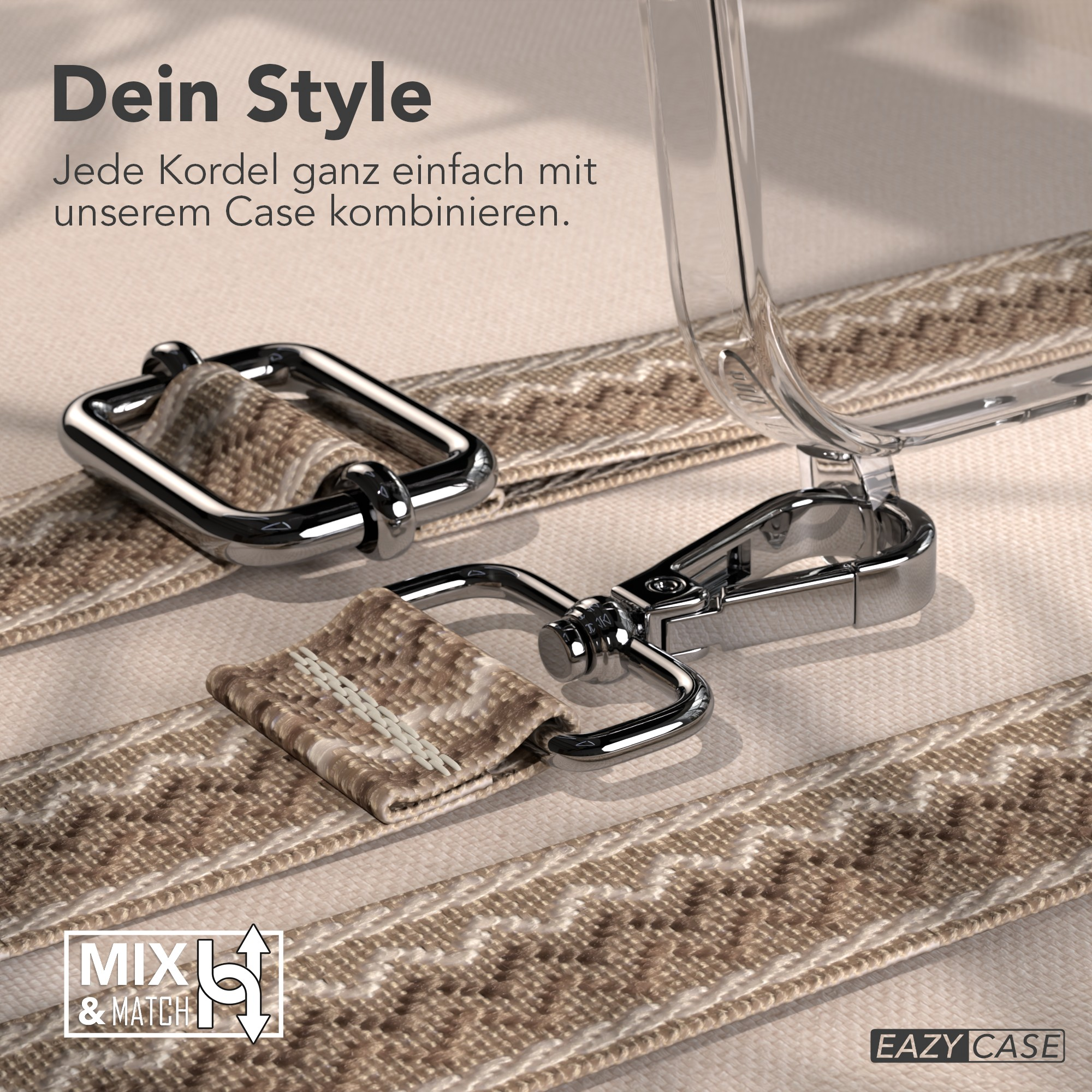 Nahaufnahme eines Handy-Cases mit Riemen und Metallverschlüssen. Hintergrund mit Text und Logo. Der Riemen ist beige.