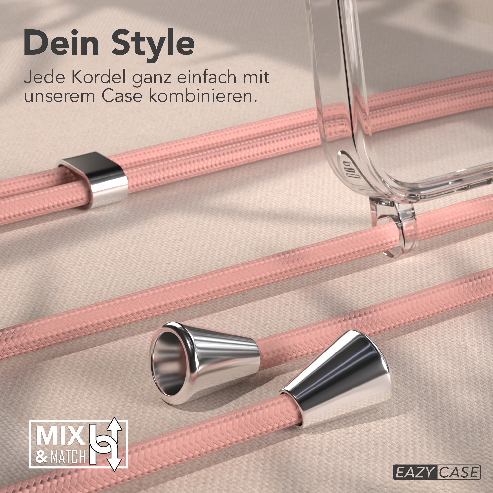Rosa geflochtene Kordeln mit silbernen Metallakzenten, eine transparente Handyhülle und ein 'Mix & Match'-Logo auf strukturiertem Hintergrund.