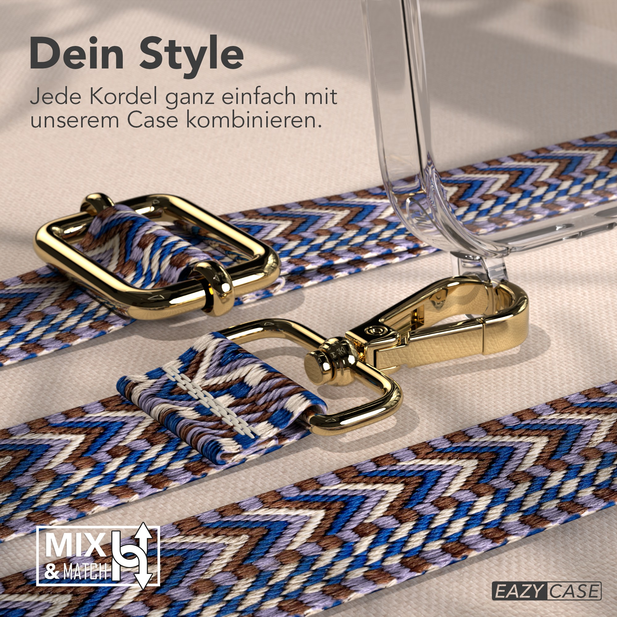 Nahaufnahme eines Handy-Hüllenriemens mit goldener Hardware und einem gemusterten Riemen in Blau, Braun und Weiß.