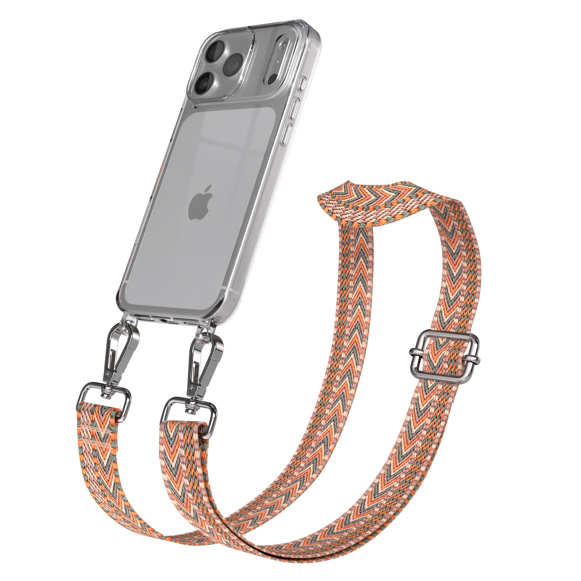 Transparente Handyhülle mit Gurt. Der Gurt ist mit Orange, Grün und Grau gemustert. Das Telefon hat drei Kameras.