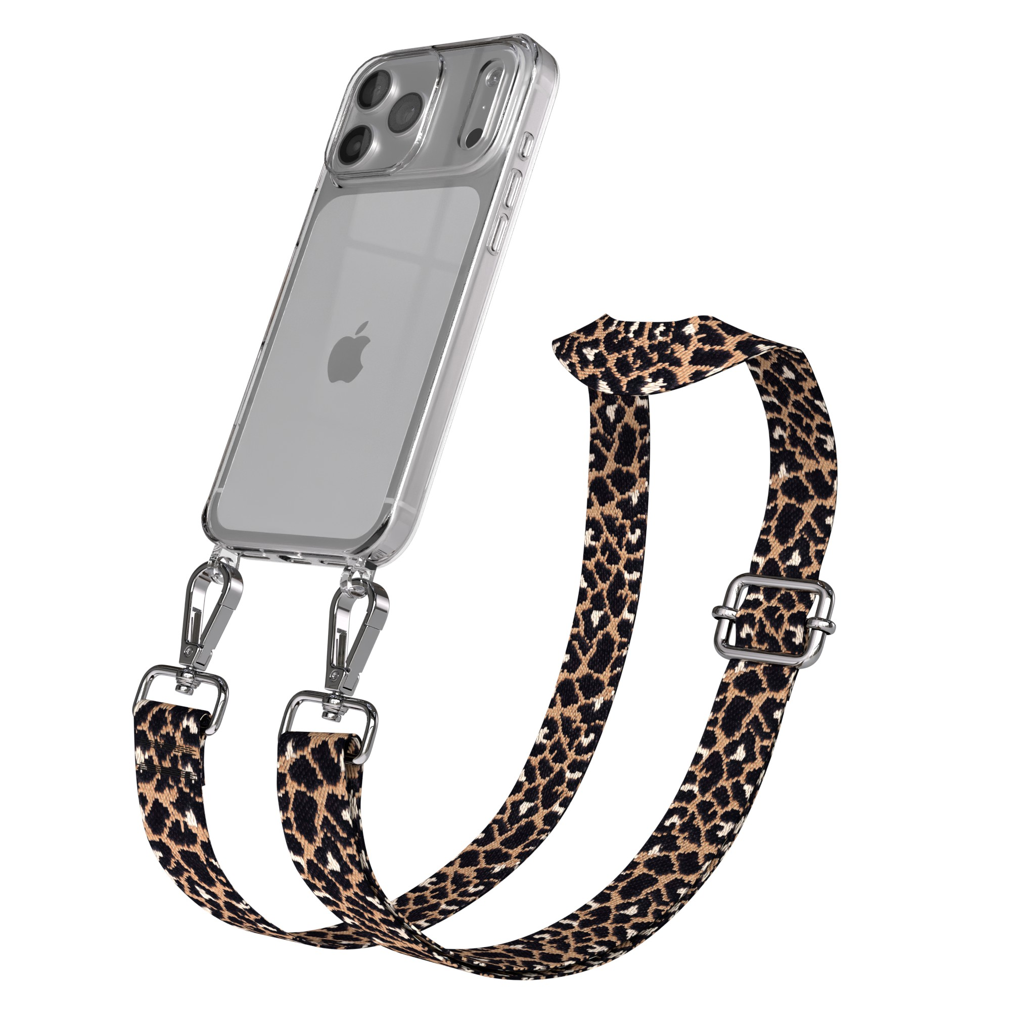 Transparente Handyhülle mit Leopardenmuster-Gurt, befestigt mit silbernen Verschlüssen. Die Hülle hat Apple-Logo.