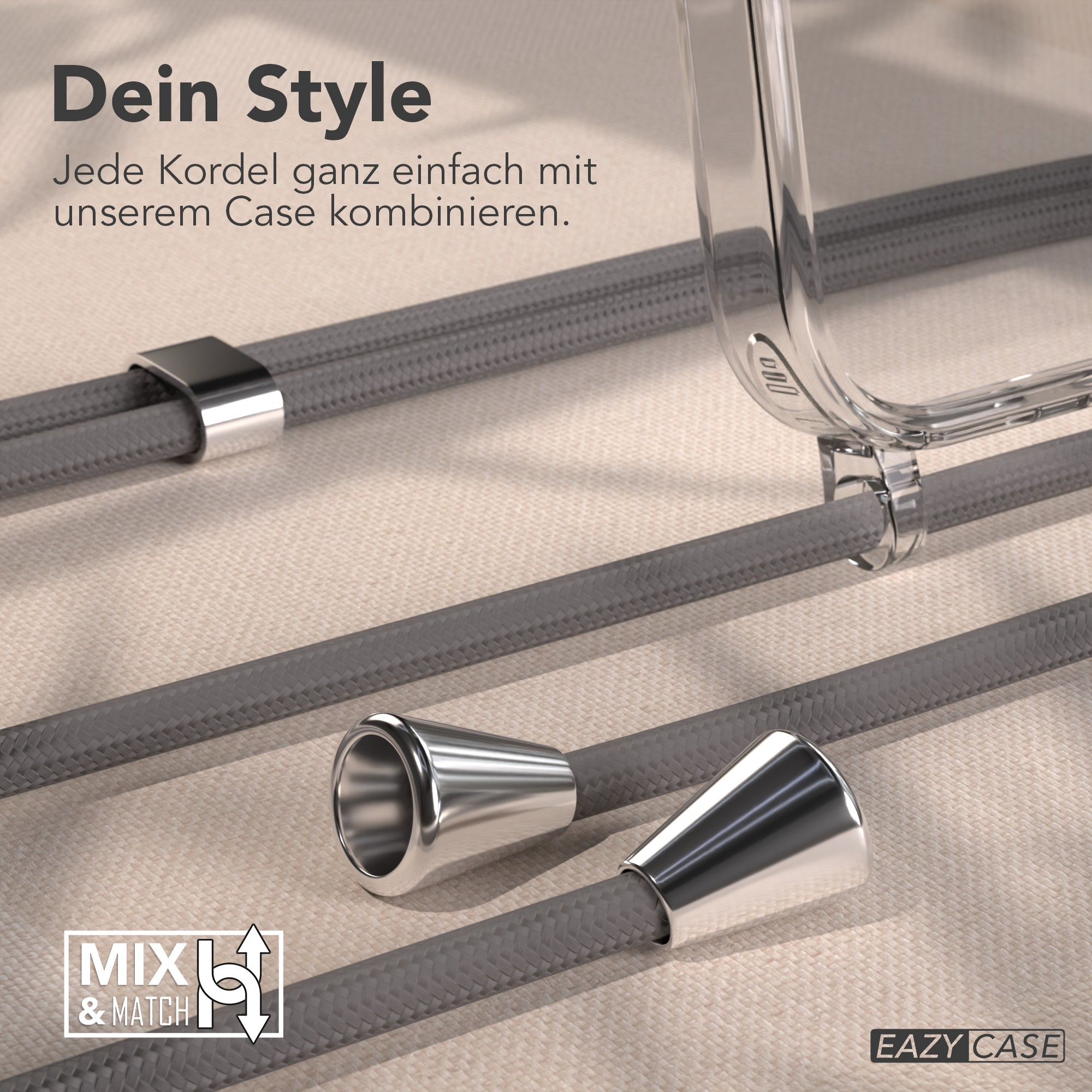 Das Bild zeigt graue Kordeln mit metallischen Enden und eine transparente Hülle, der Text lautet 'Dein Style' und 'MIX & MATCH'.