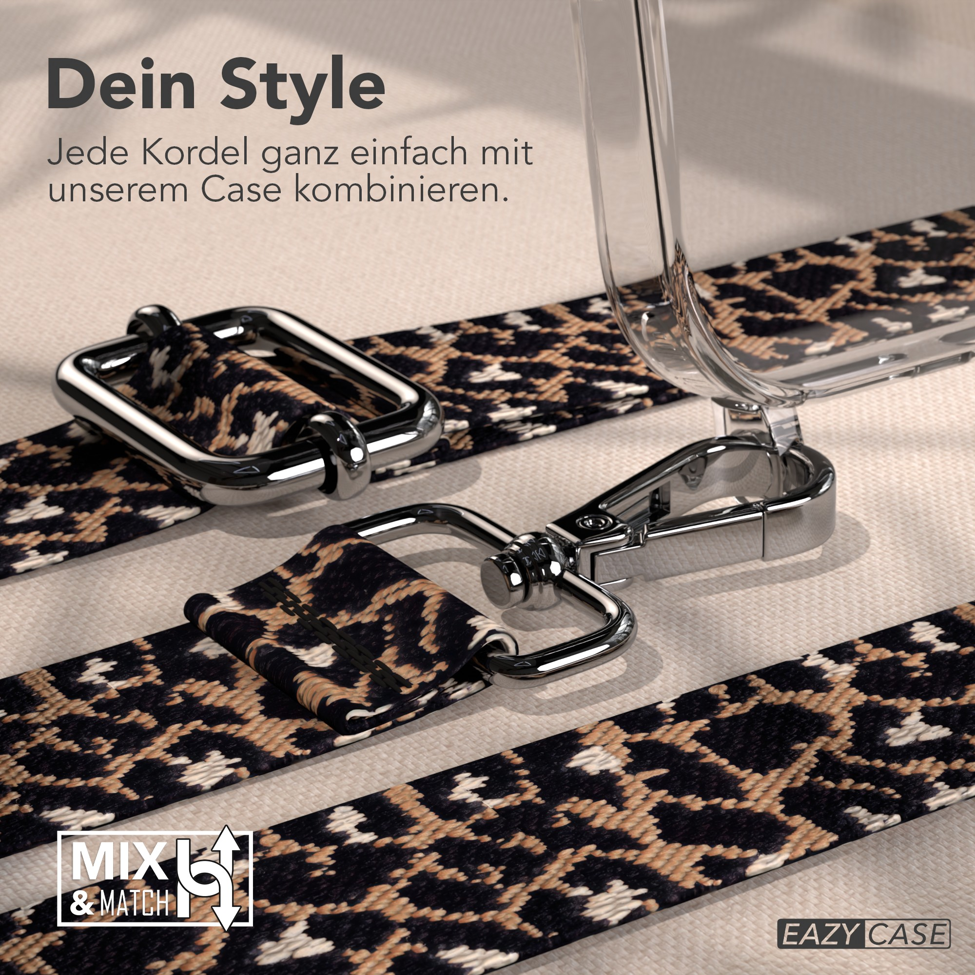 Eine Handyhülle mit Leopardenmuster-Gurt, Metallverschlüssen und den Worten 'Dein Style' sind sichtbar.