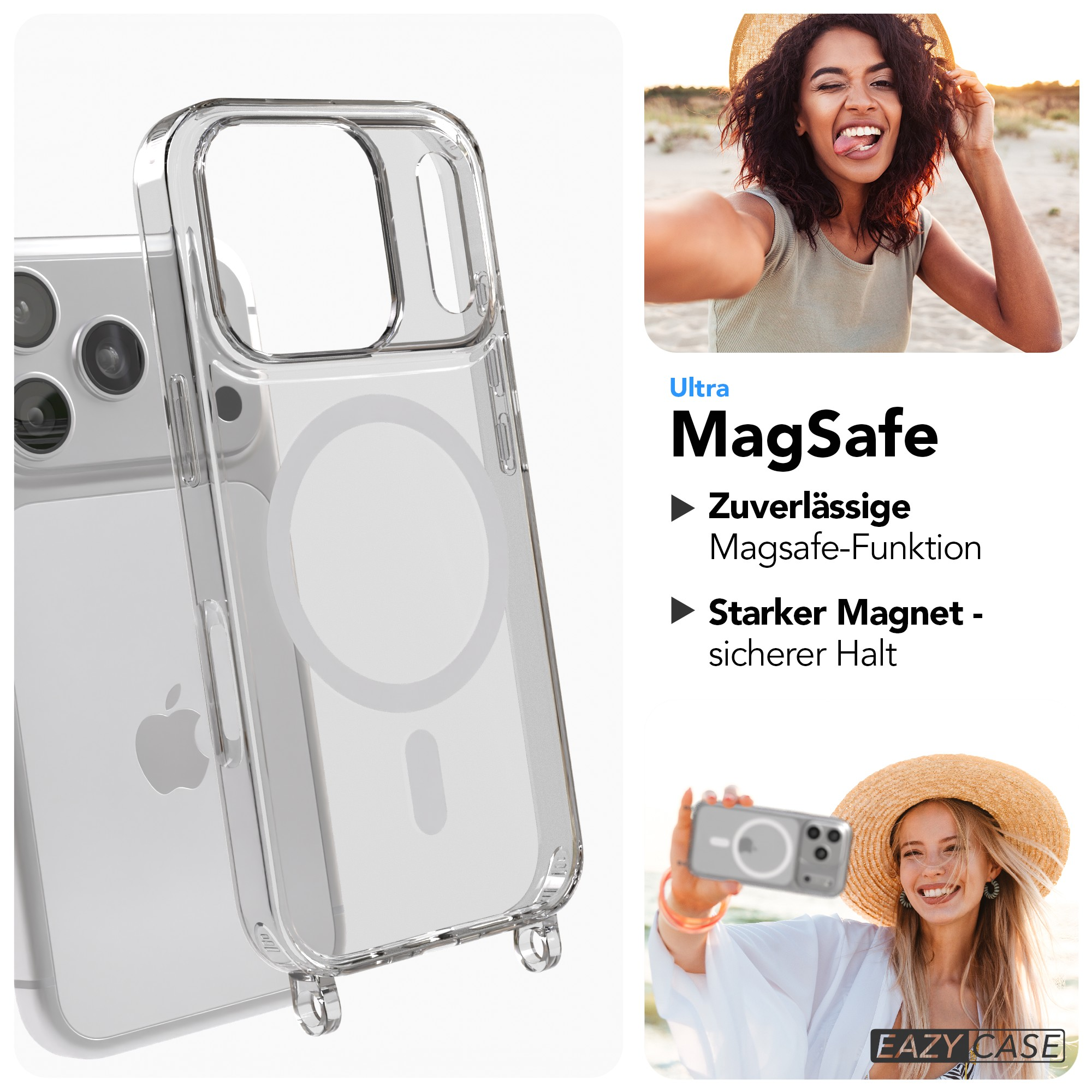 Transparente Handyhülle auf iPhone mit MagSafe-Funktionen. Zwei Frauen mit Strohhüten halten die Hülle.