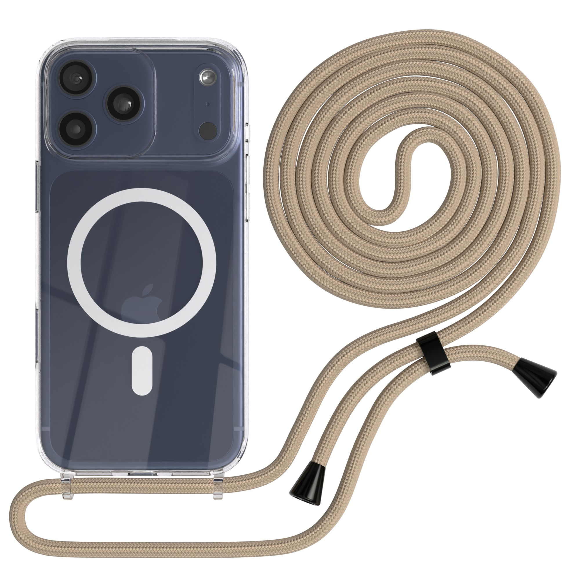 Transparente iPhone-Hülle mit beigefarbenem Kordel. Die Hülle hat einen weißen Kreis und eine schwarze Kamera. Die Kordel ist aufgerollt.