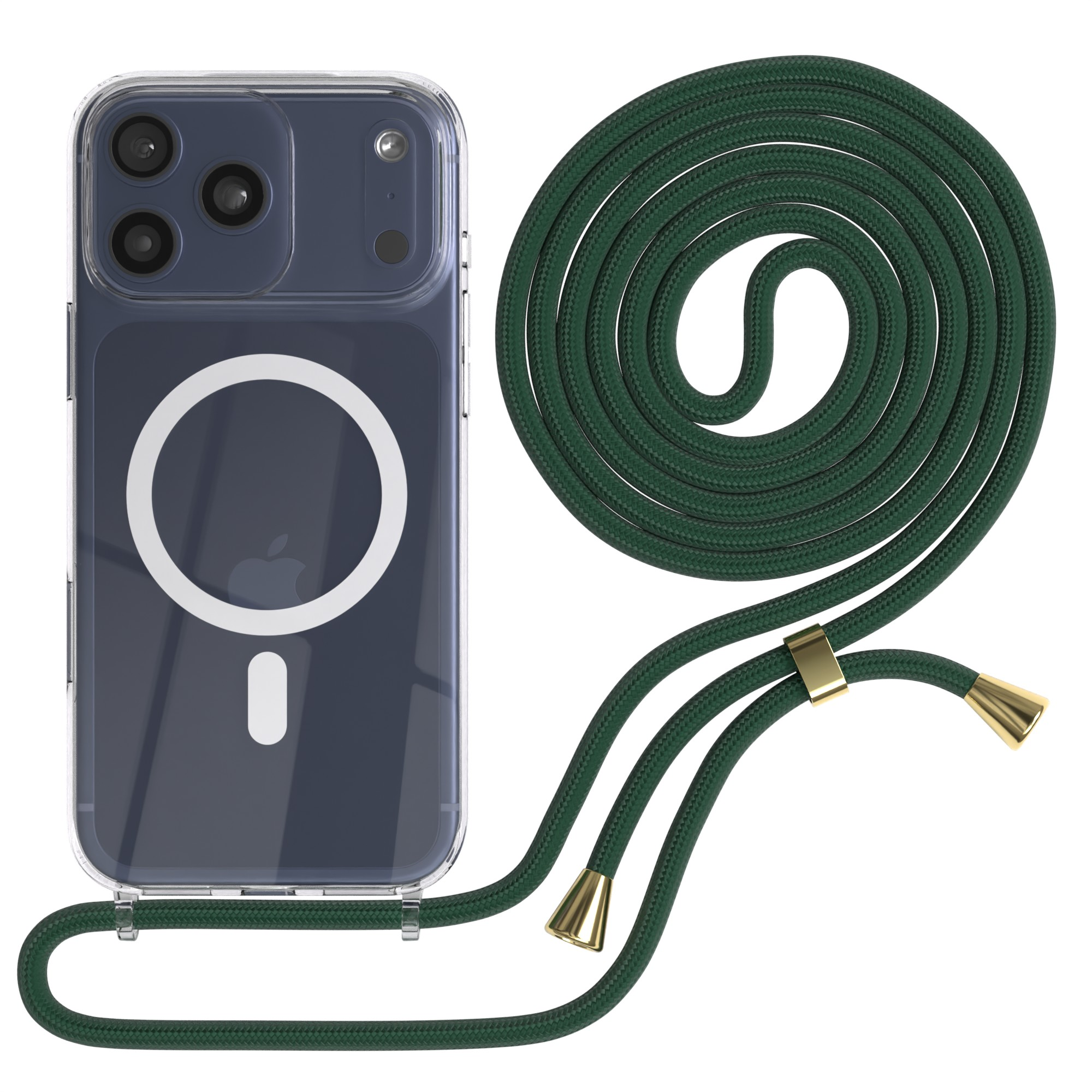 Eine Handyhülle mit grünem Kabel. Das Telefon befindet sich in einer durchsichtigen Hülle. Das Kabel ist dunkelgrün mit goldenen Akzenten.