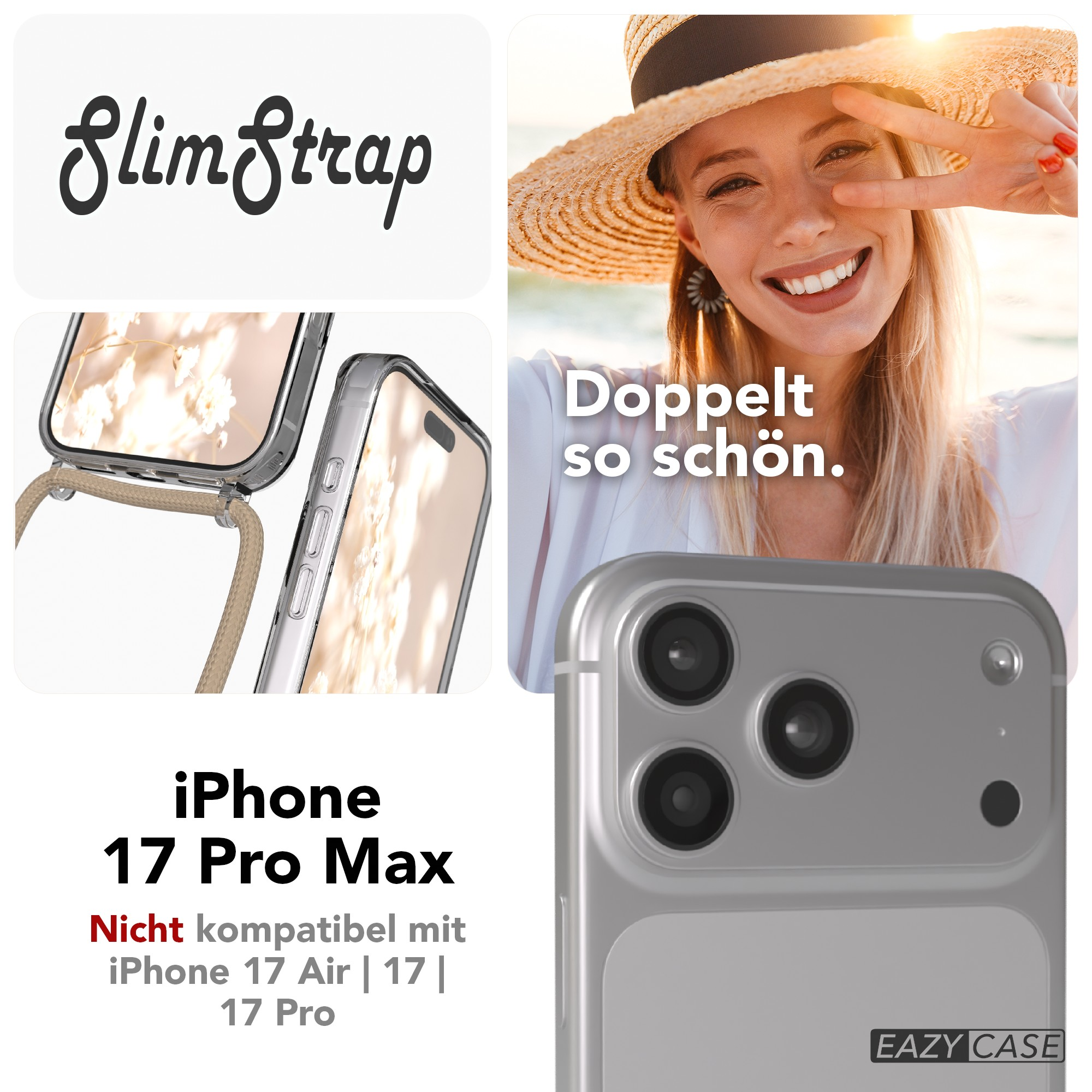 Das Bild zeigt eine iPhone-Hülle mit einem Riemen, eine Frau mit Hut und Text: 'iPhone 17 Pro Max'.
