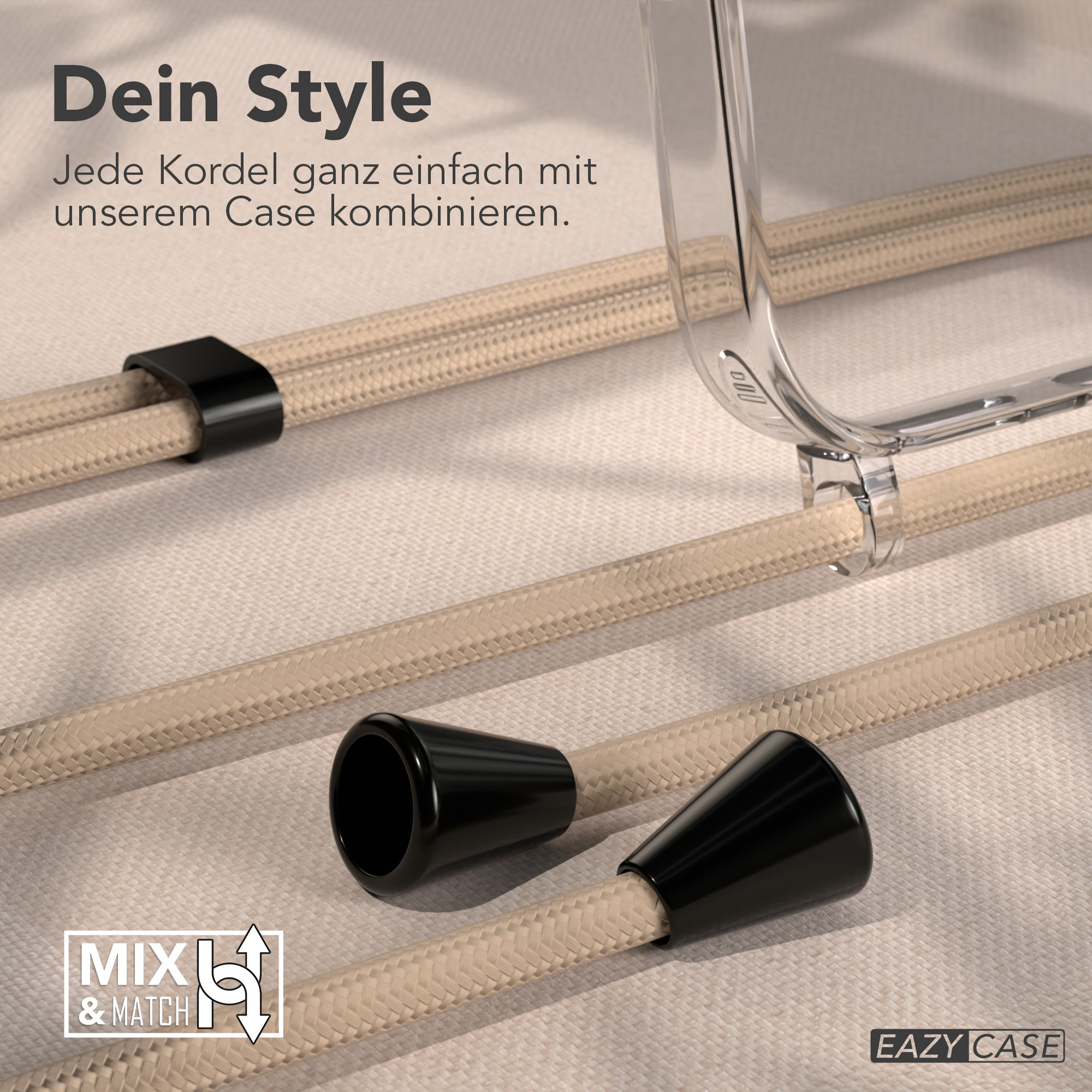 Bild zeigt Telefonschnüre mit schwarzen Steckern. Eine klare Handyhülle ist sichtbar. Text: Dein Style, Mix & Match.