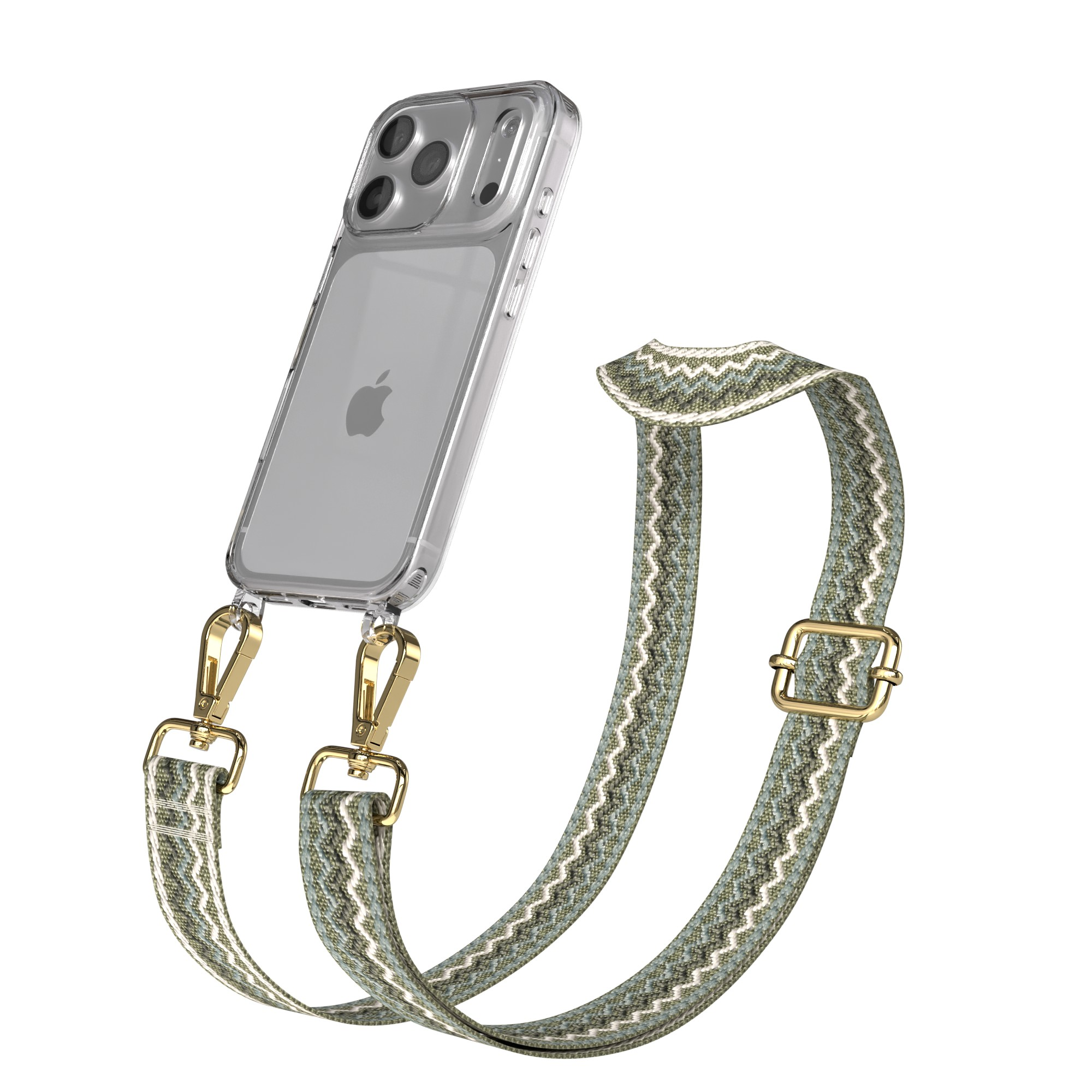 Eine klare Handyhülle mit Apple-Logo, goldenen Verschlüssen und einem grün-weißen Musterband.