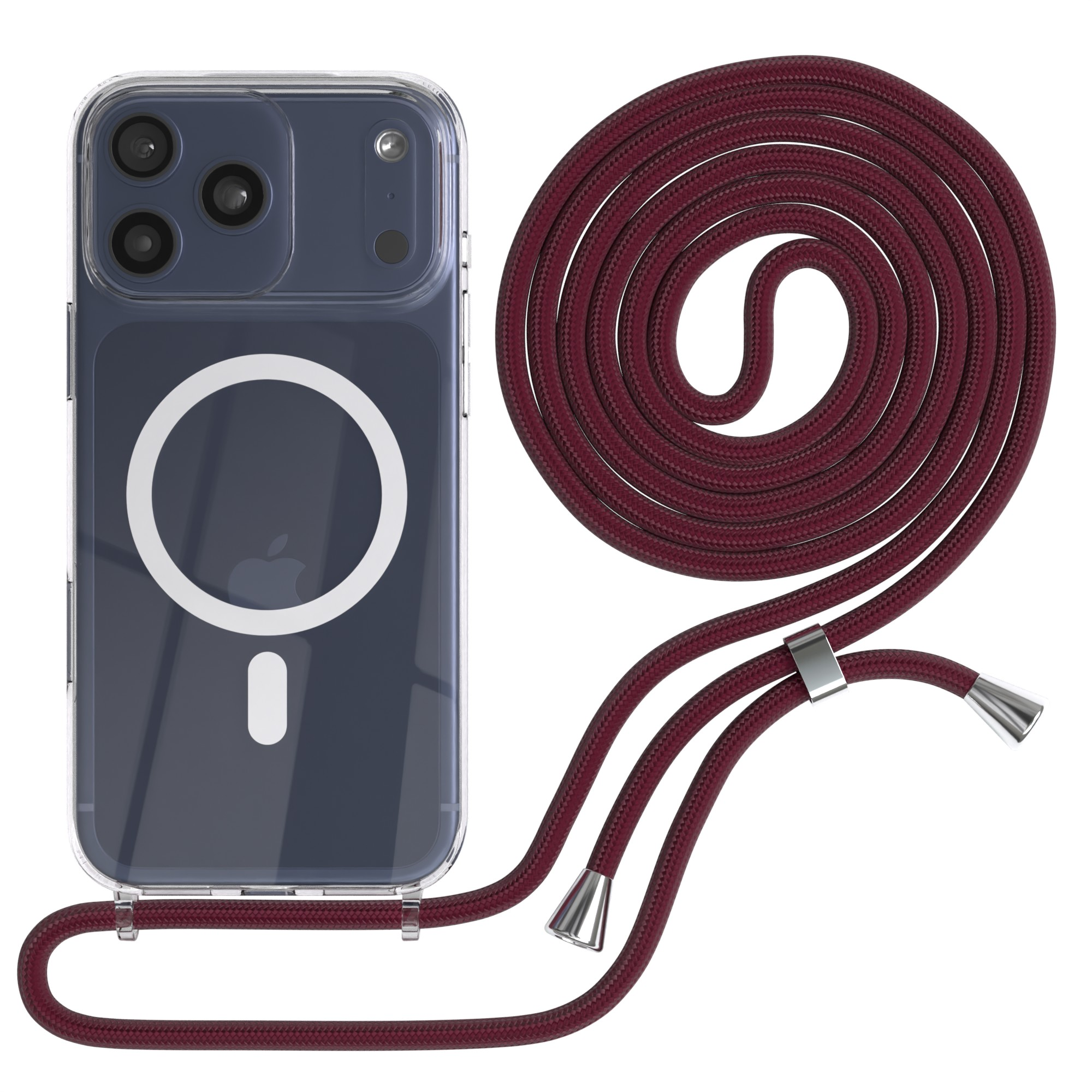Transparente Handyhülle mit rotem Umhängeband. Das Telefon zeigt drei Kameras. Das Umhängeband ist ein geflochtener Kordel.