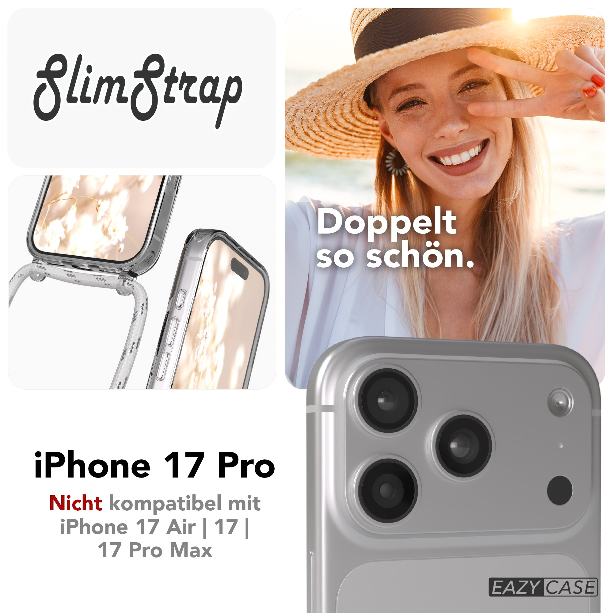 Das Bild zeigt eine Frau mit Strohhut, Friedenszeichen und Handyhüllen. Text: 'SlimStrap', 'Doppelt so schön' und iPhone 17 Pro.