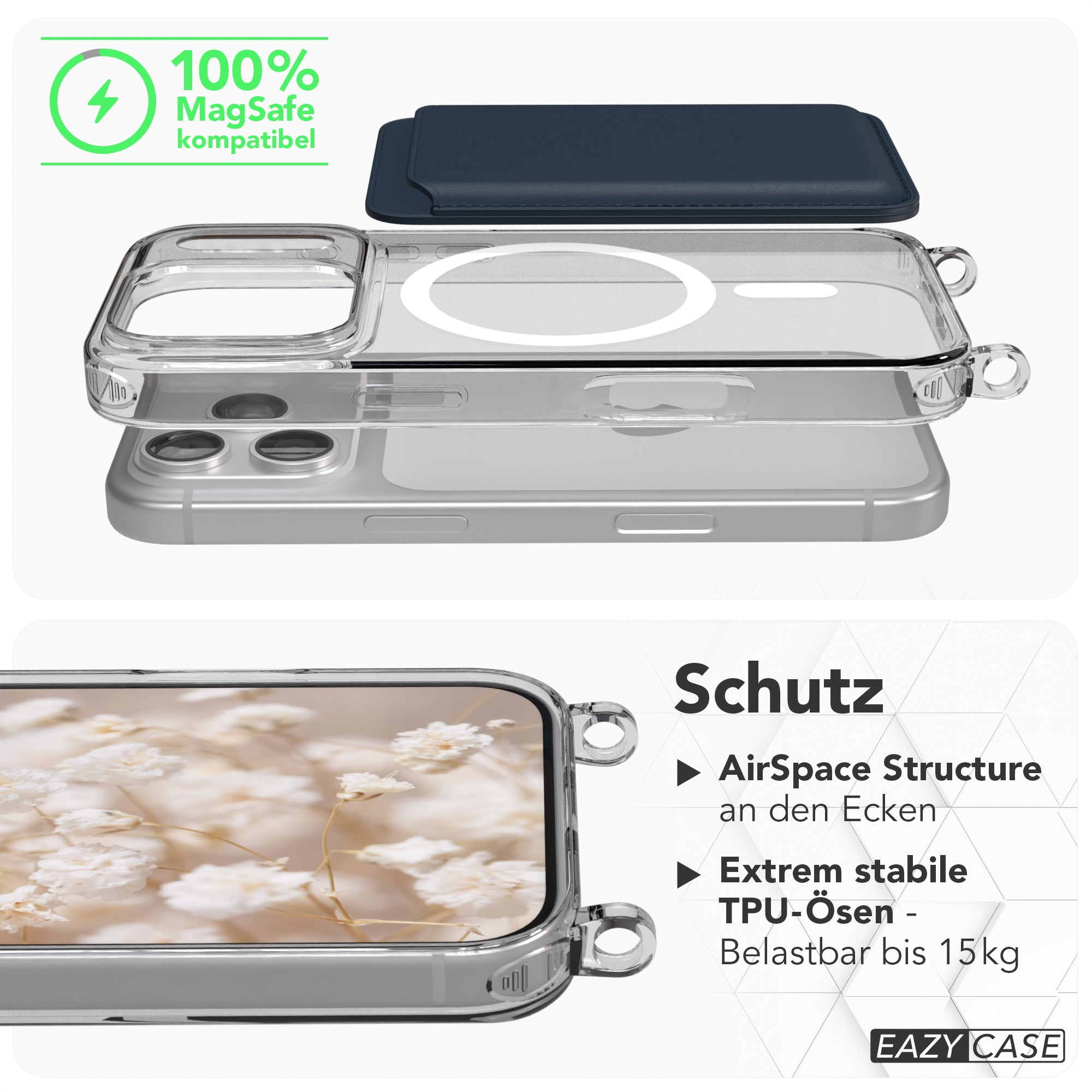 Transparente Handyhülle mit MagSafe-Kompatibilität, ein marineblauer Kartenhalter und die Wörter 'Schutz' und 'EAZY CASE'.