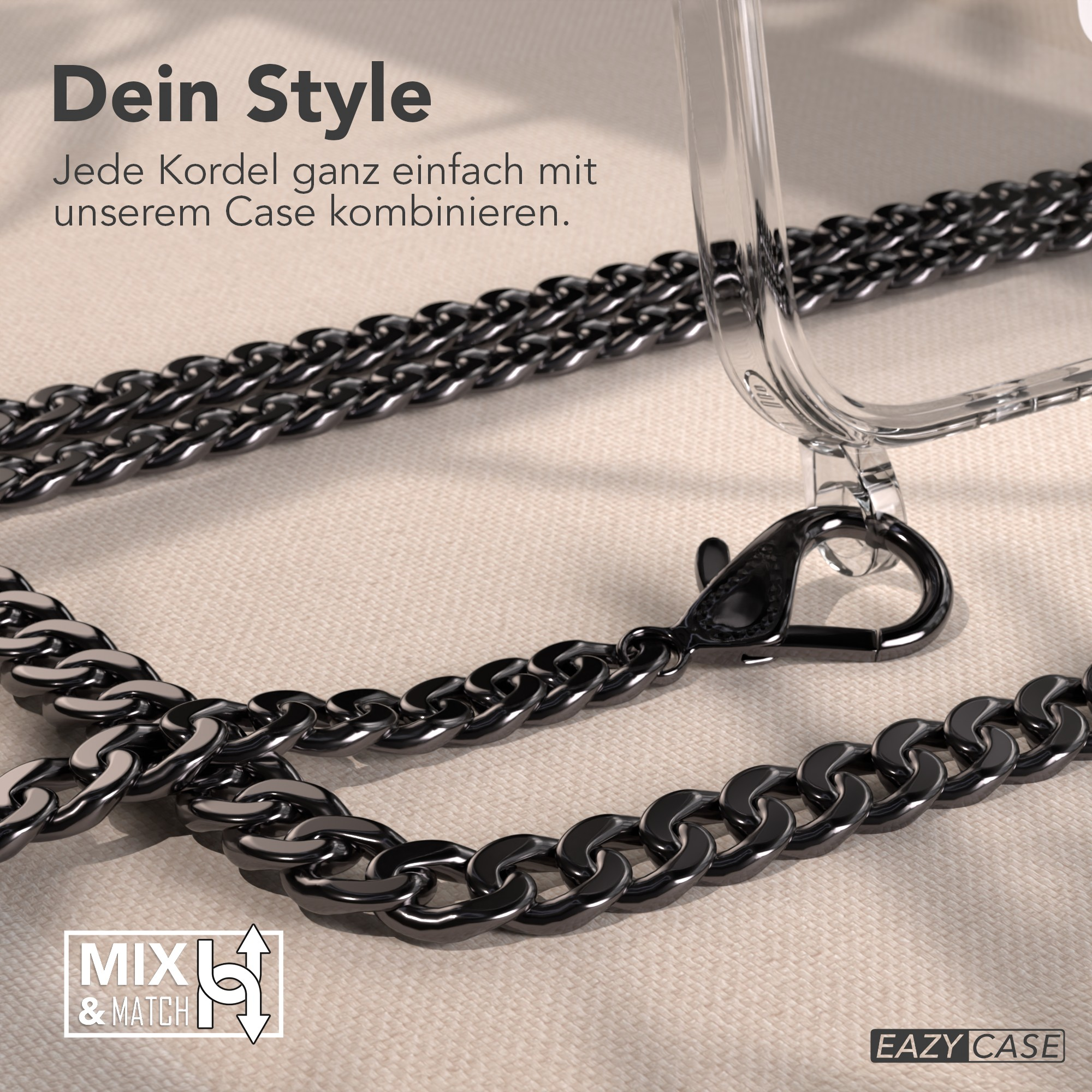 Eine transparente Handyhülle mit einer schwarzen Kette. Der Text 'Dein Style' ist sichtbar.