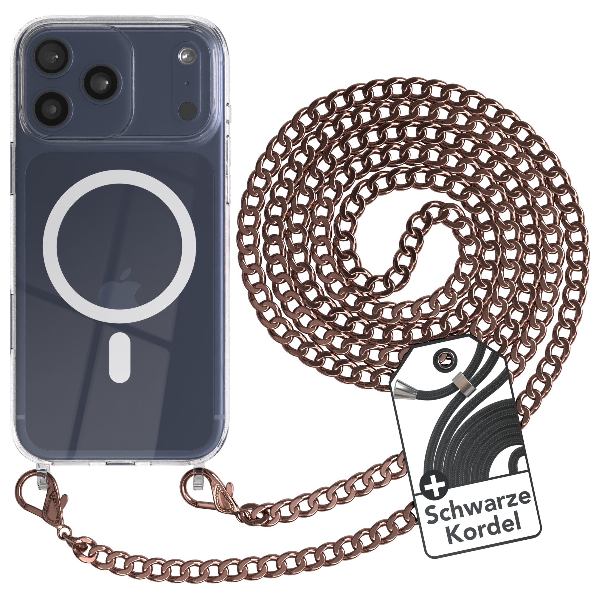 Eine Handyhülle mit Kette. Kette und Aufsätze sind bronze. Die Hülle ist transparent mit einem dunkelblauen Telefon.