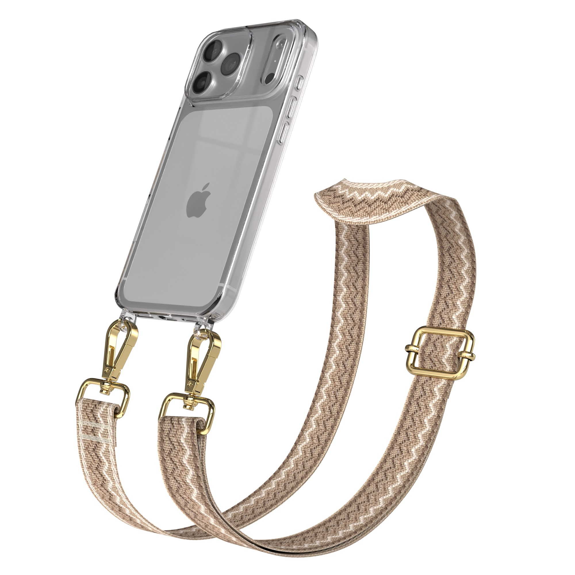 Transparente Handyhülle mit Band. Das Band ist beige mit weißem Muster und goldenen Metallverschlüssen. Das Handy hat drei Kameralinsen.