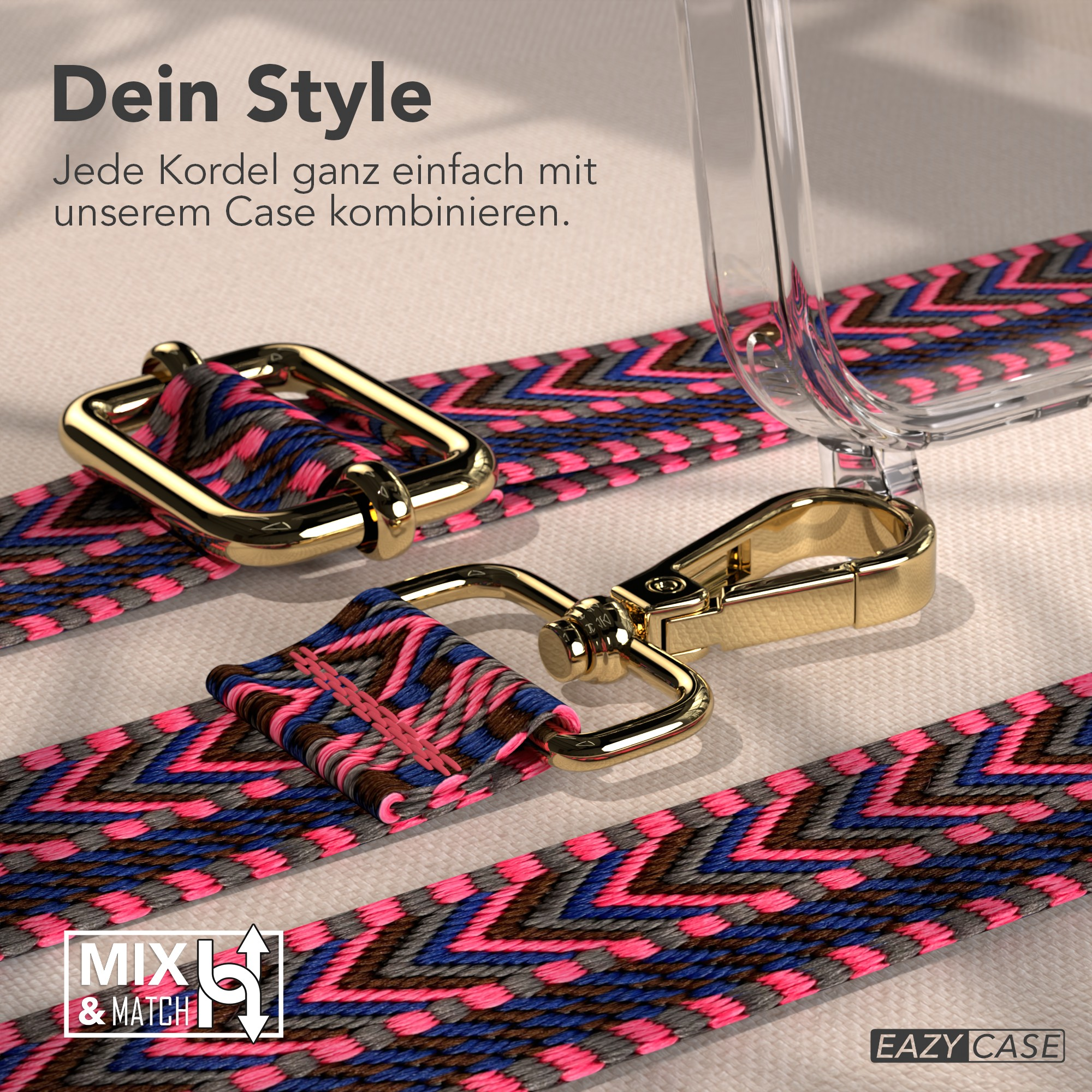 Nahaufnahme eines Telefonriemens mit goldfarbener Hardware und einem gemusterten Riemen. Text 'Dein Style' und 'MIX & MATCH' sind sichtbar.