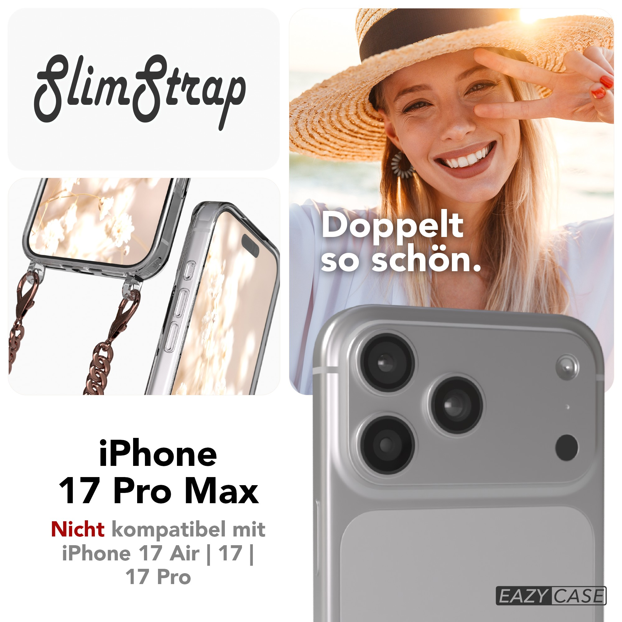 Das Bild zeigt eine Frau mit Friedenszeichen, Handyhüllen und Produkttext, darunter die Marke SlimStrap und iPhone 17 Pro Max.