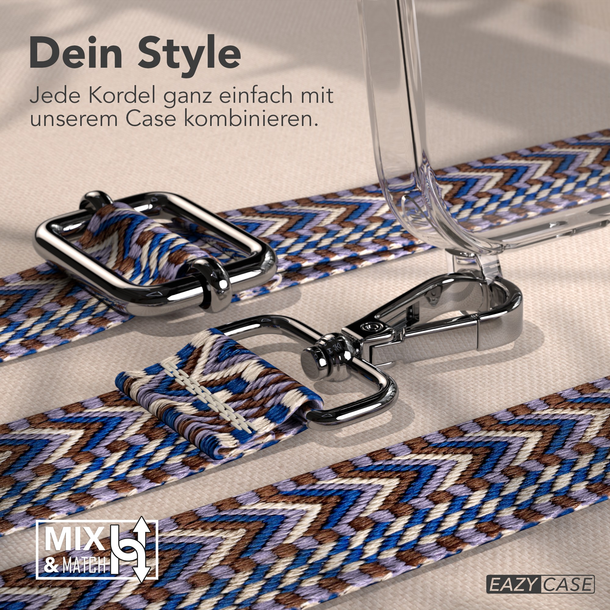 Ein Handyhüllenriemen mit blauem, braunem und weißem Muster, silberner Hardware und Text.
