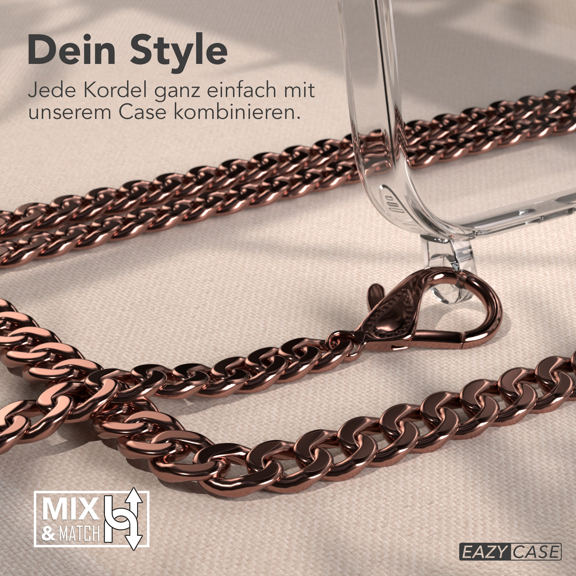 Roségoldene Kette mit Handyhülle. Die Kette steht im Fokus, die Hülle ist leicht unscharf, Text-Overlay.