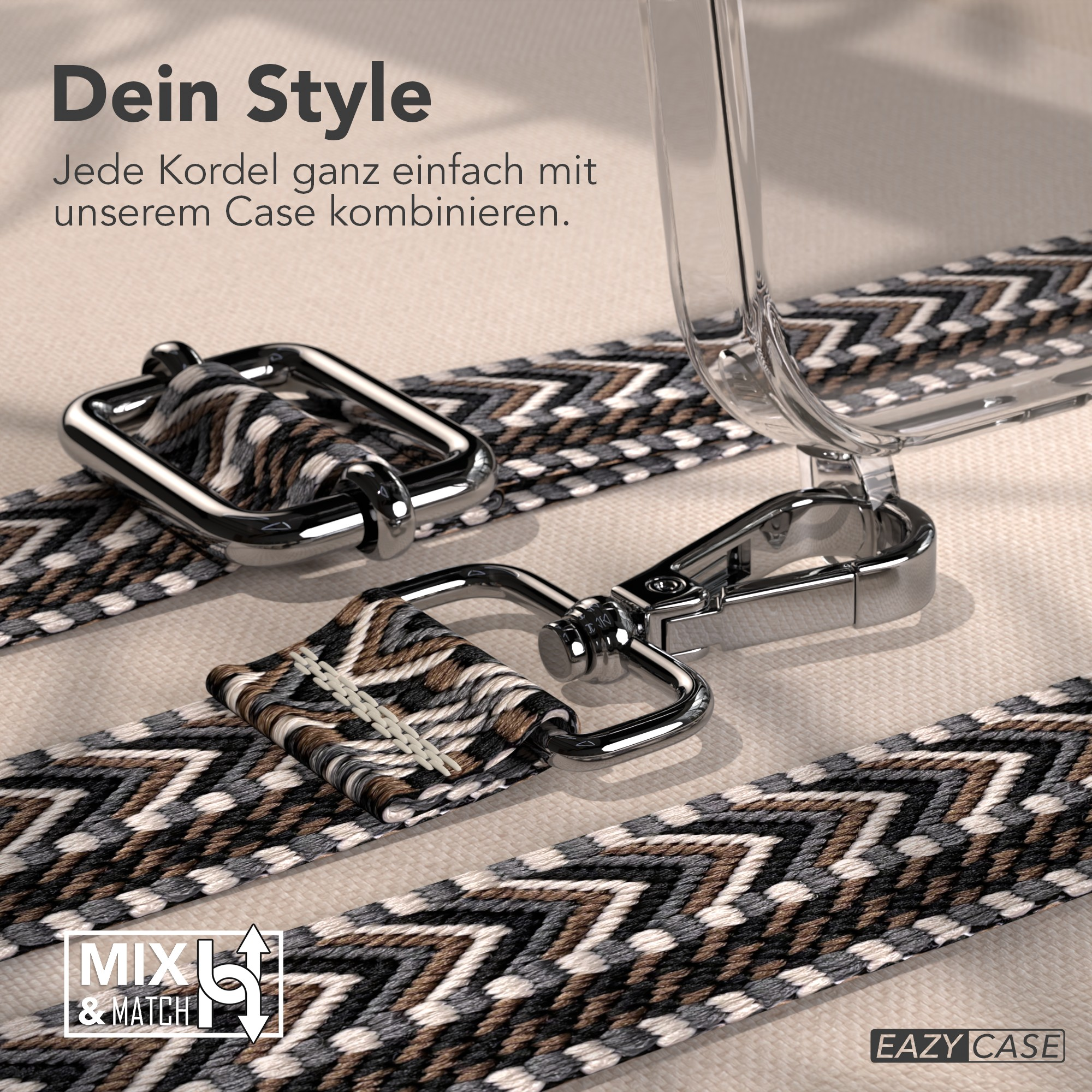 Nahaufnahme eines Handyhüllenriemens mit Metallverschlüssen, gemustert in Schwarz, Braun und Weiß, mit Text 'MIX & MATCH'.