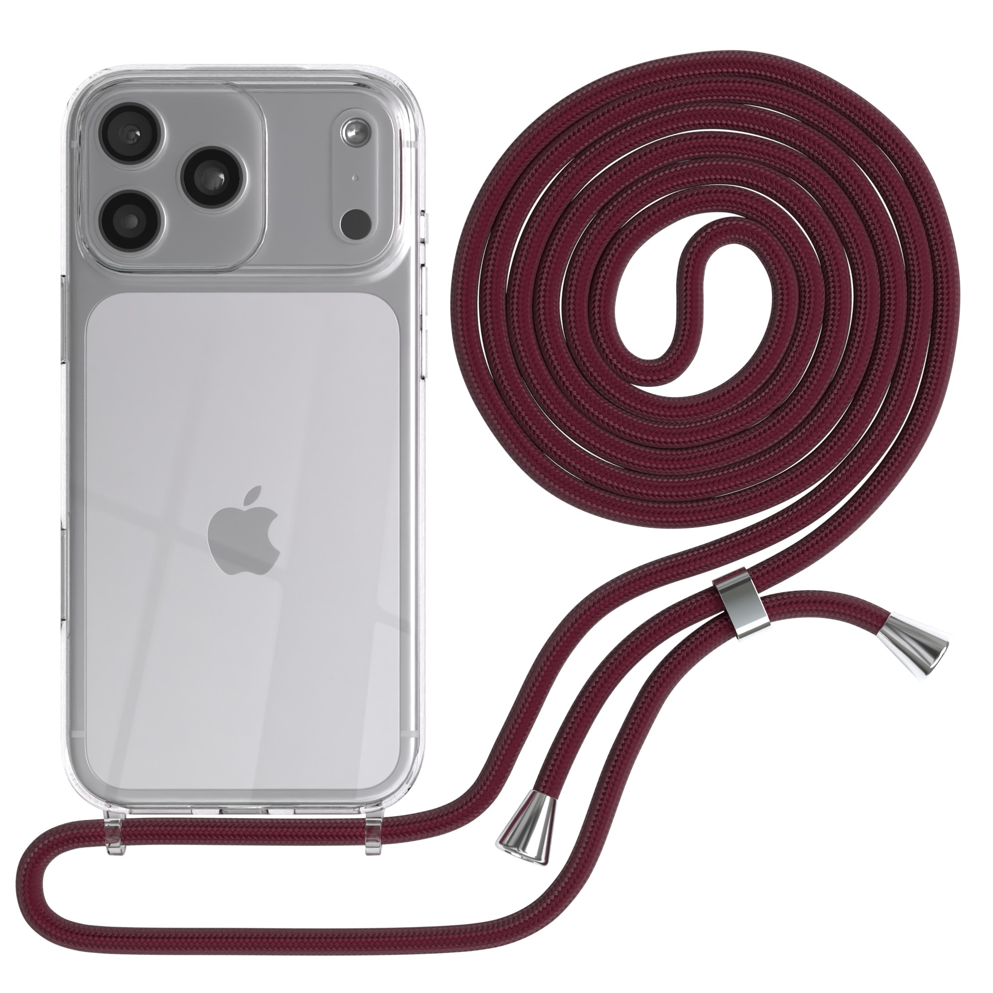 Transparente Handyhülle mit burgunderfarbenem Umhängeband. Das Telefon ist ein iPhone. Der Hintergrund ist weiß.