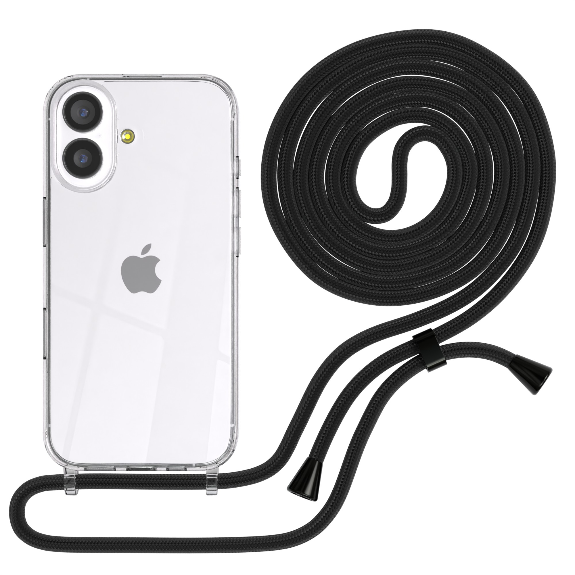 Eine durchsichtige Handyhülle mit Apple-Logo, schwarzem Kabel und einer schwarzen Schnur darum. Der Hintergrund ist weiß.