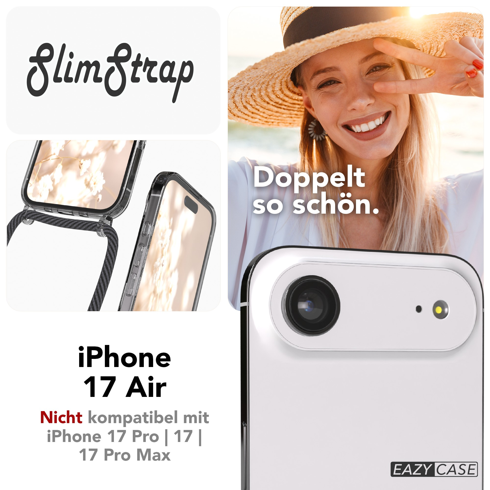 Das Bild wirbt für eine Handyhülle. Eine Frau lächelt. Es gibt Handyhüllen und Text: 'iPhone 17 Air'.