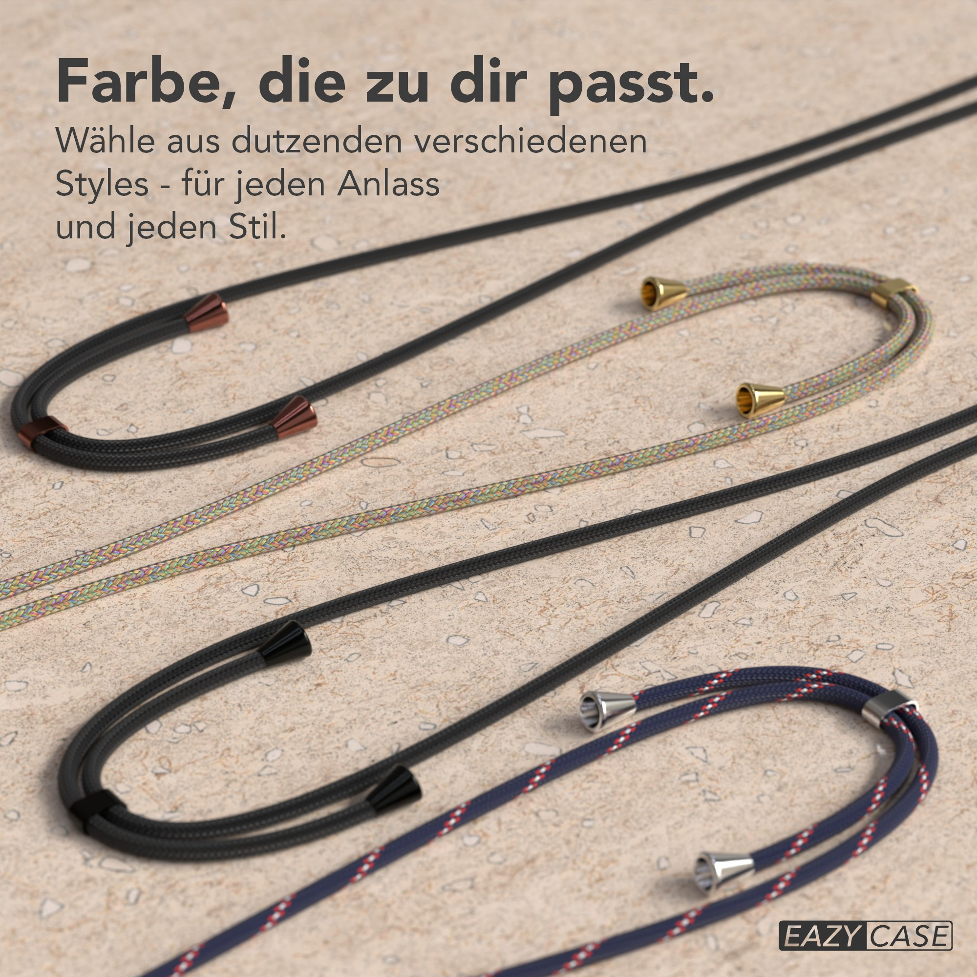 Drei Telefon-Lanyards in verschiedenen Farben auf strukturierter Oberfläche. Text auf Deutsch oben und EAZY CASE unten.