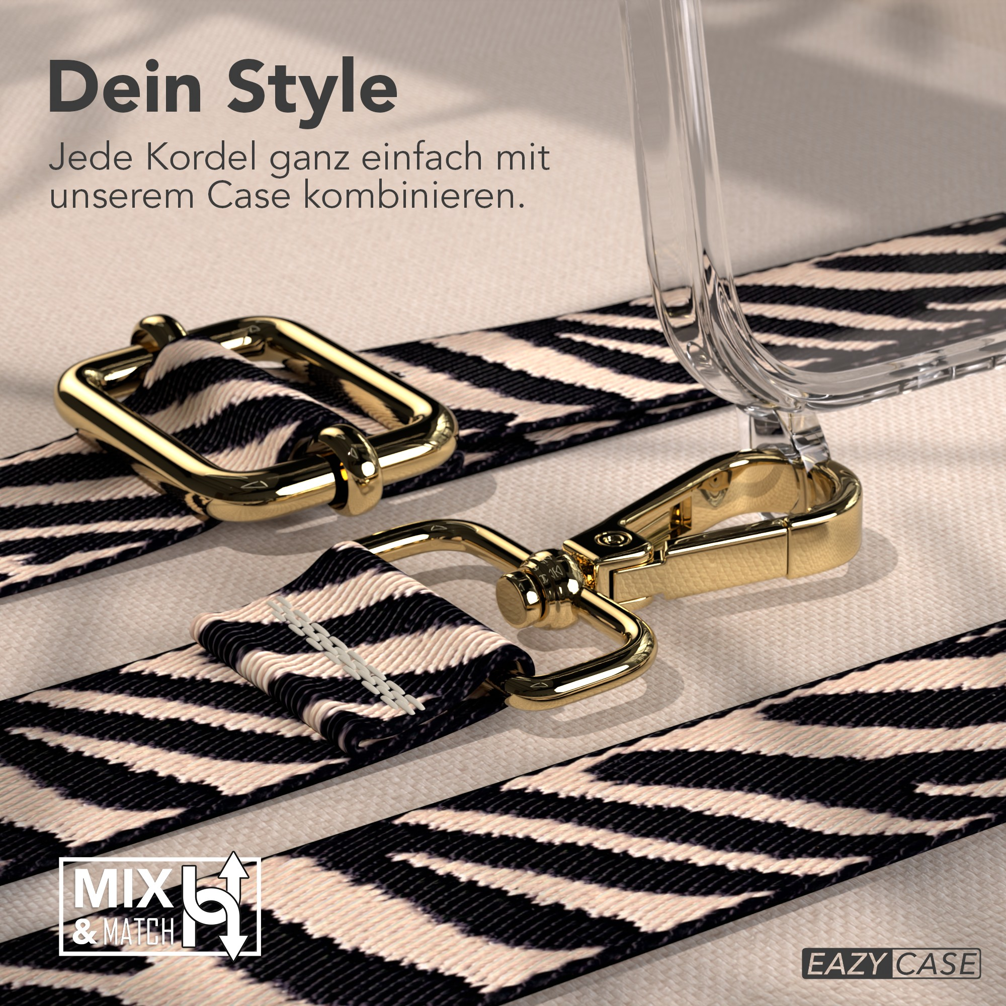 Nahaufnahme einer Handyhülle mit Zebra-Streifen-Gurt und goldfarbener Hardware. Text sagt 'Dein Style' und 'Mix & Match'.