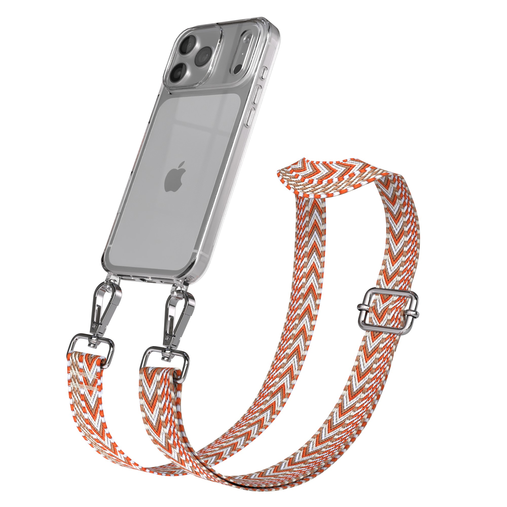 Transparente Handyhülle mit Trageriemen. Der Riemen hat ein orange, weißes und braunes Chevron-Muster. Silberne Metallverschlüsse und Schnalle.
