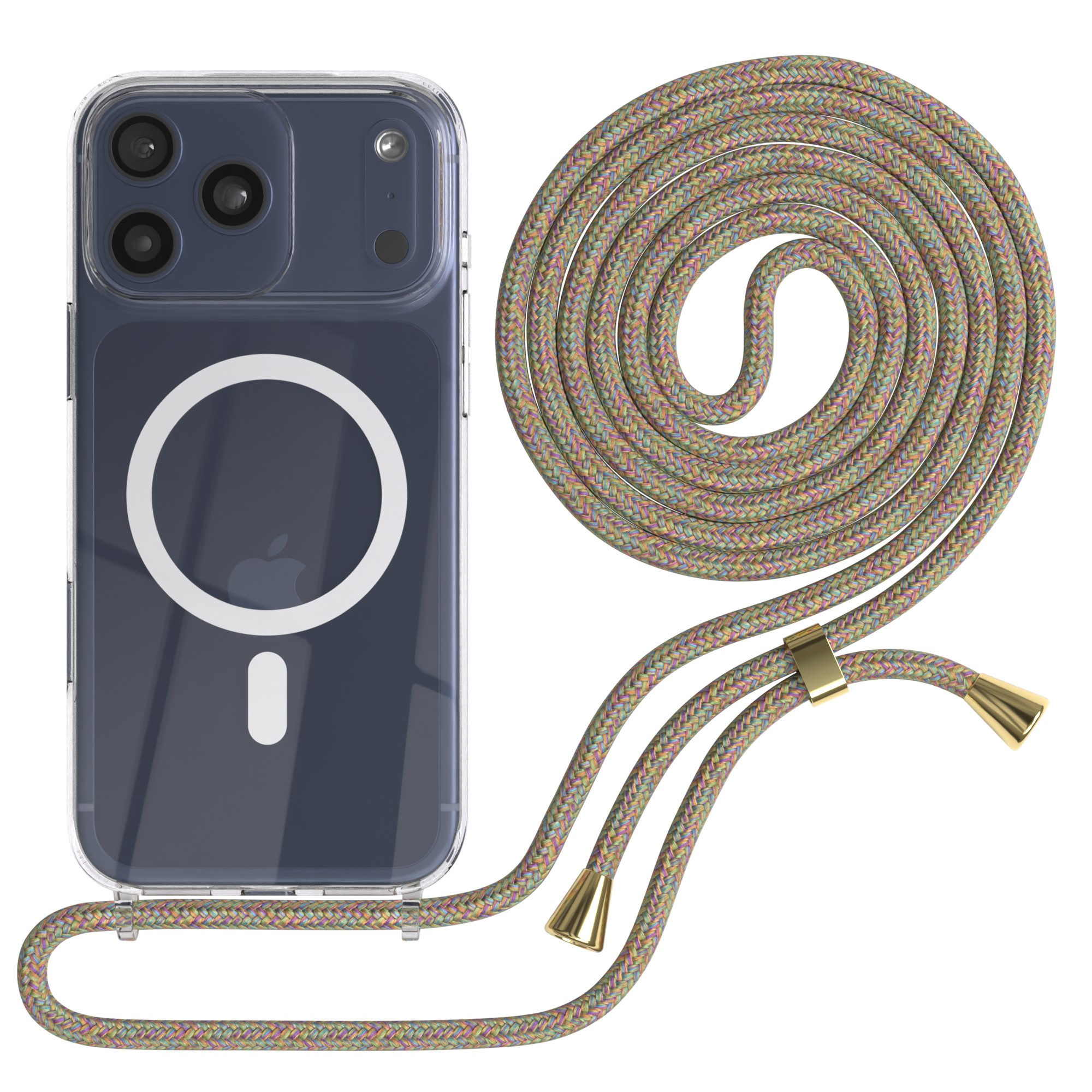 Eine Handyhülle mit buntem Riemen. Das Telefon ist in einer durchsichtigen Hülle. Der Riemen ist aufgerollt.