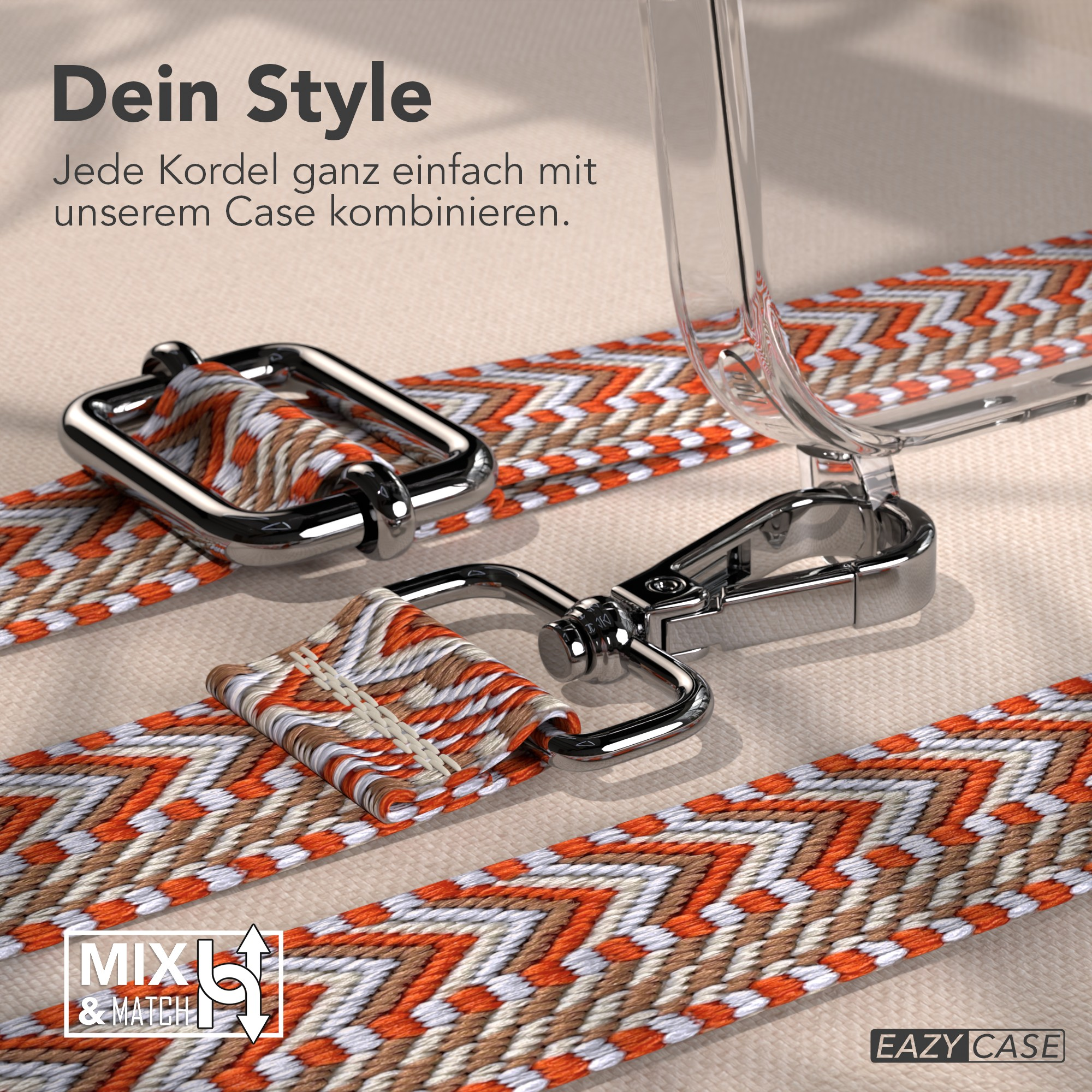 Das Bild zeigt eine Handyhülle mit einem bunten Riemen. Der Riemen ist orange, weiß und braun. Die Hardware ist silber.