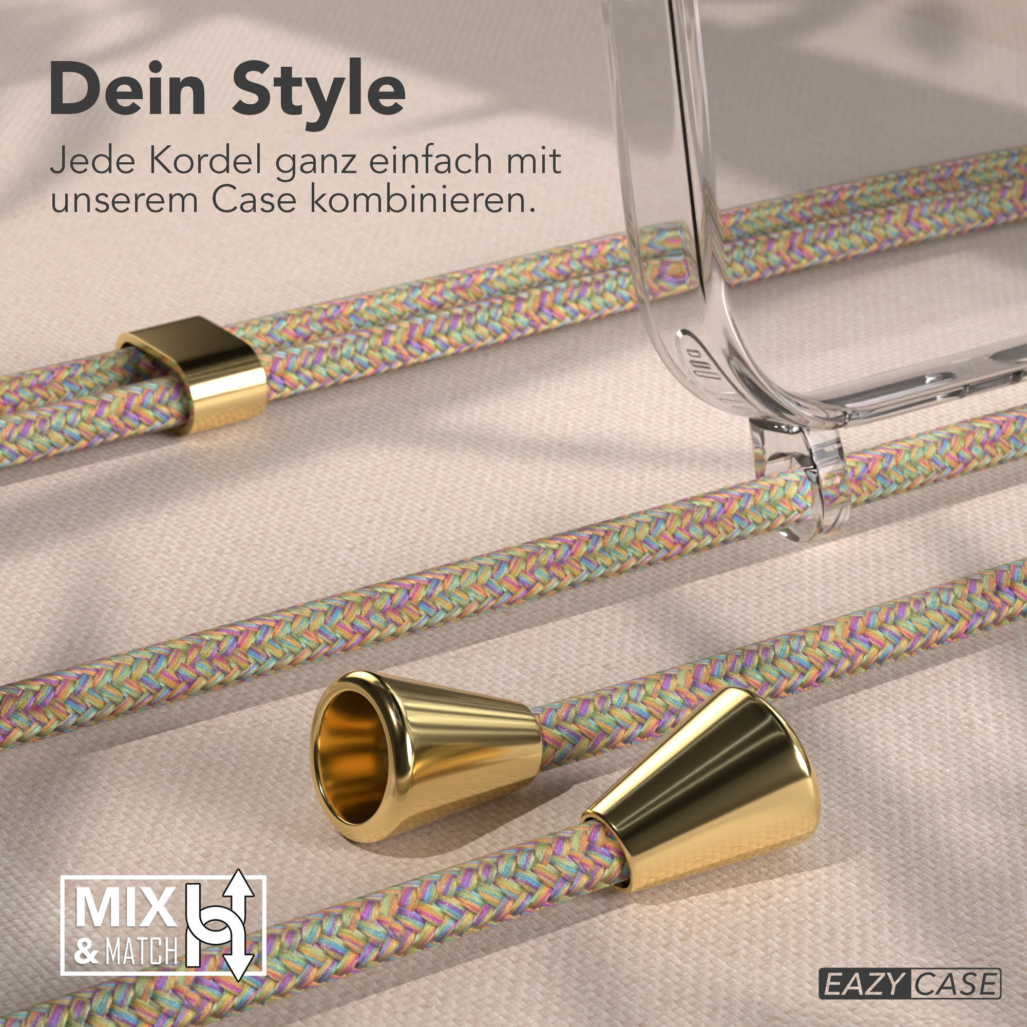 Nahaufnahme von bunten geflochtenen Kordeln, goldenen Akzenten und einer transparenten Handyhülle, die Mix-and-Match-Zubehör suggeriert.