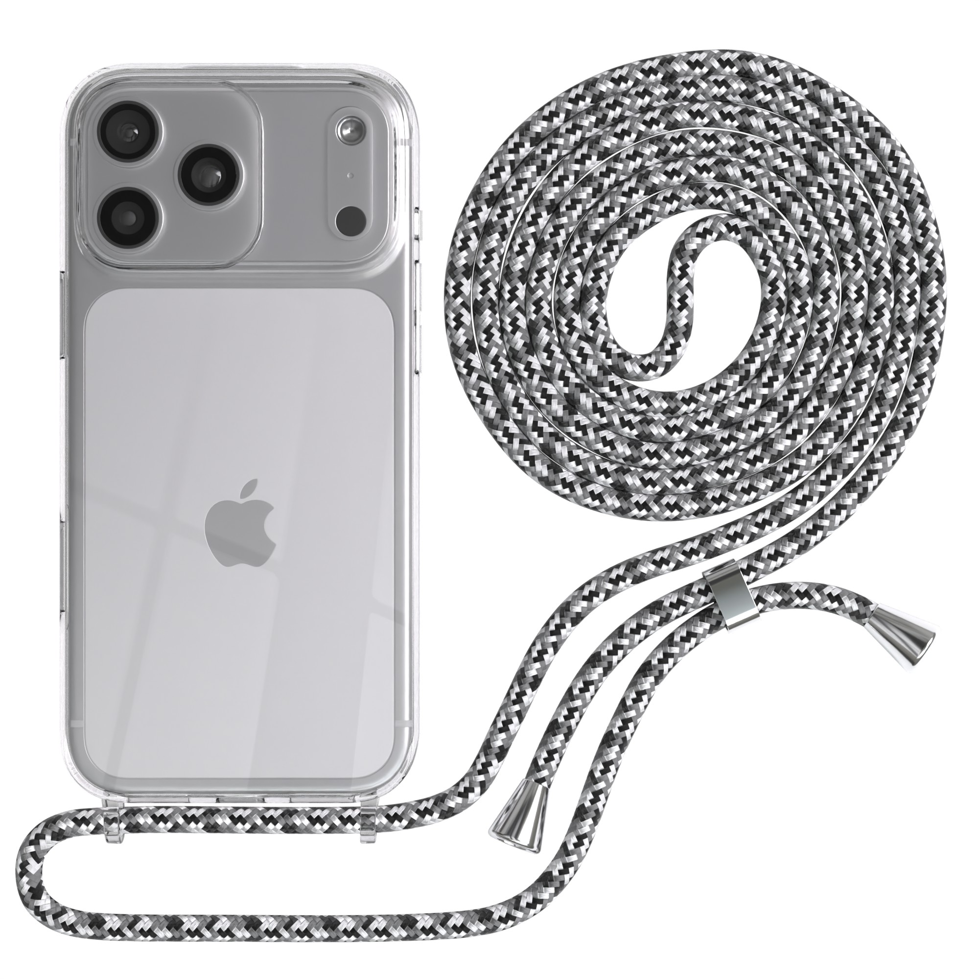 Ein Telefon in einer transparenten Hülle mit einem schwarz-weiß-grauen Seilriemen wird auf weißem Hintergrund angezeigt.