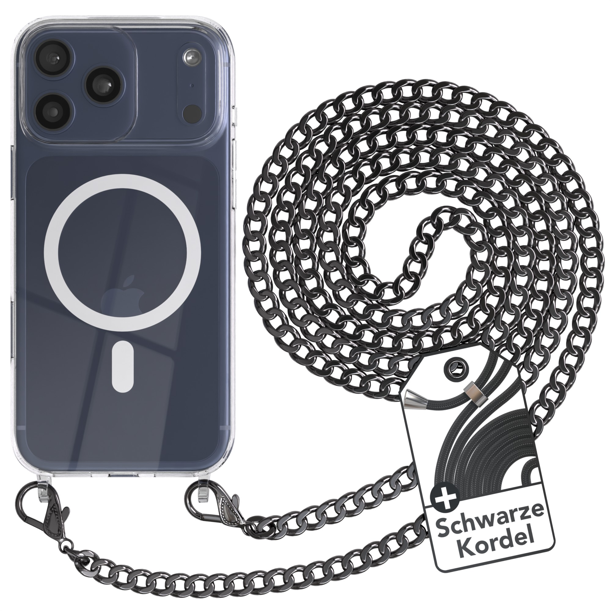 Klare Handyhülle mit schwarzer Kette. Ein Etikett sagt 'Schwarze Kordel'.