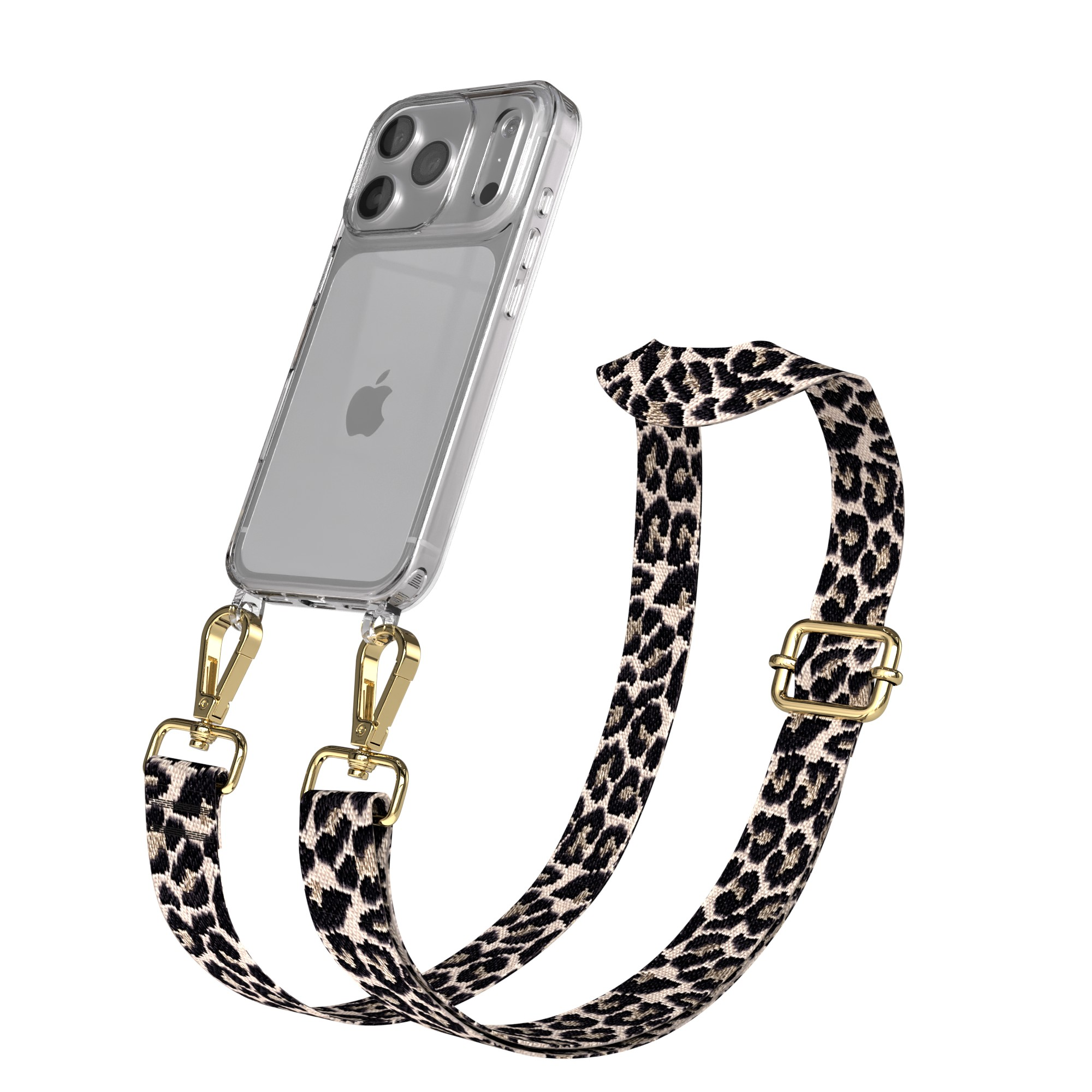 Eine transparente Handyhülle mit einem Leopardenmuster-Gurt. Goldene Verschlüsse und Schnalle sind vorhanden.