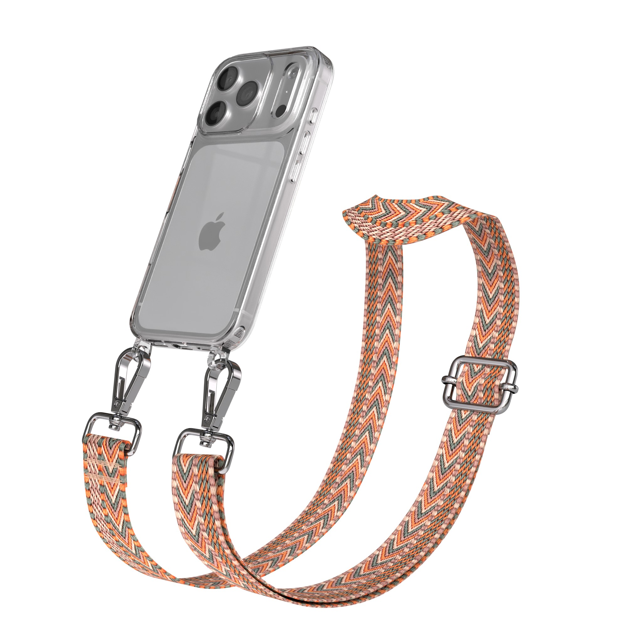 Transparente Handyhülle mit Band. Das Band ist mit orangefarbenen, grünen und weißen Zickzacks gemustert. Silberne Hardware.