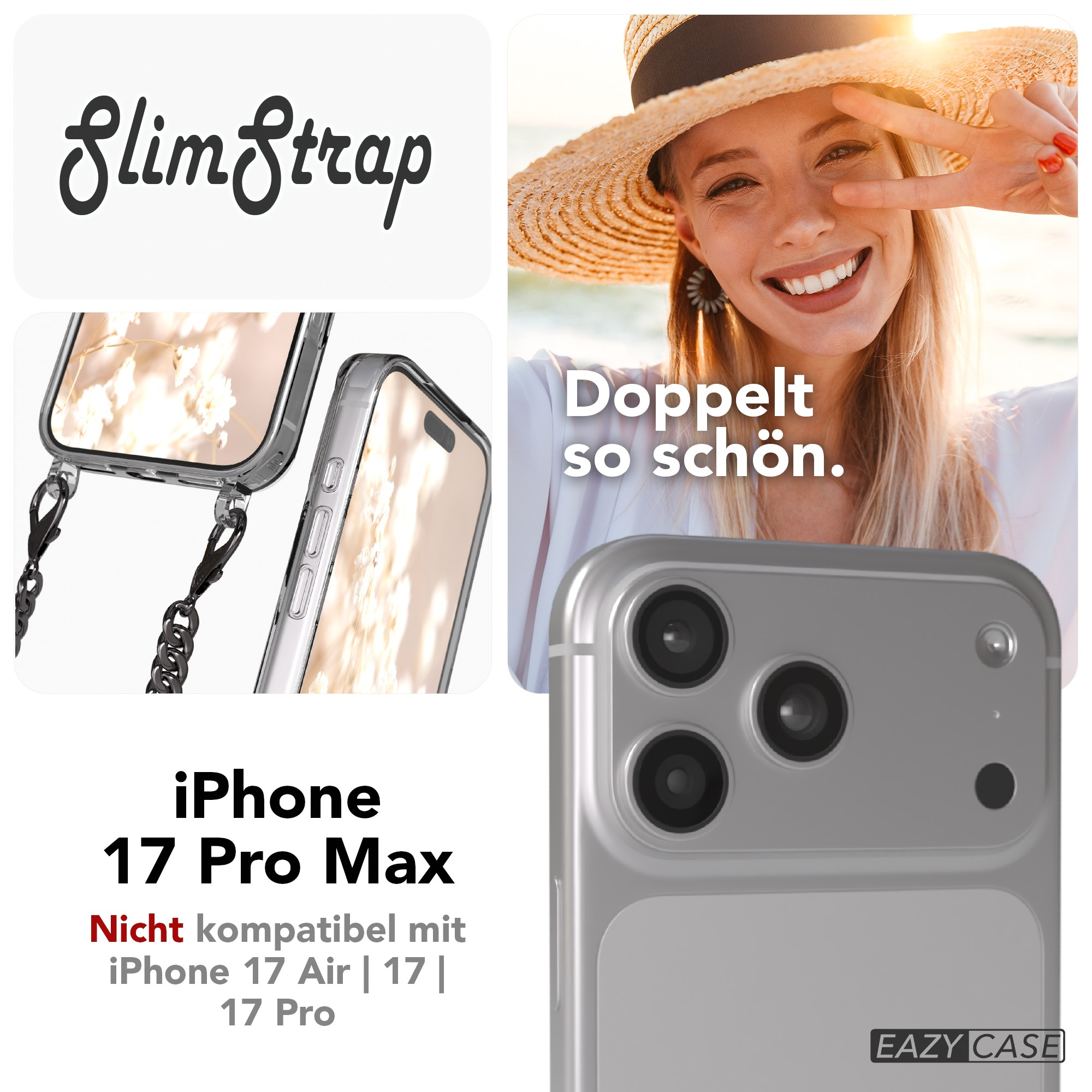 Bild mit Text 'SlimStrap', eine Frau mit Hut, ein Telefon und Text 'iPhone 17 Pro Max'.
