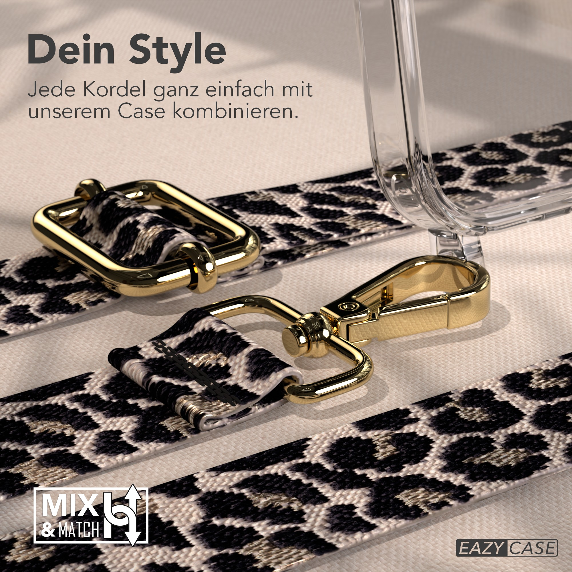 Nahaufnahme eines Handyhüllenriemens mit goldenen Verschlüssen und Leopardenmuster, mit Text oben.