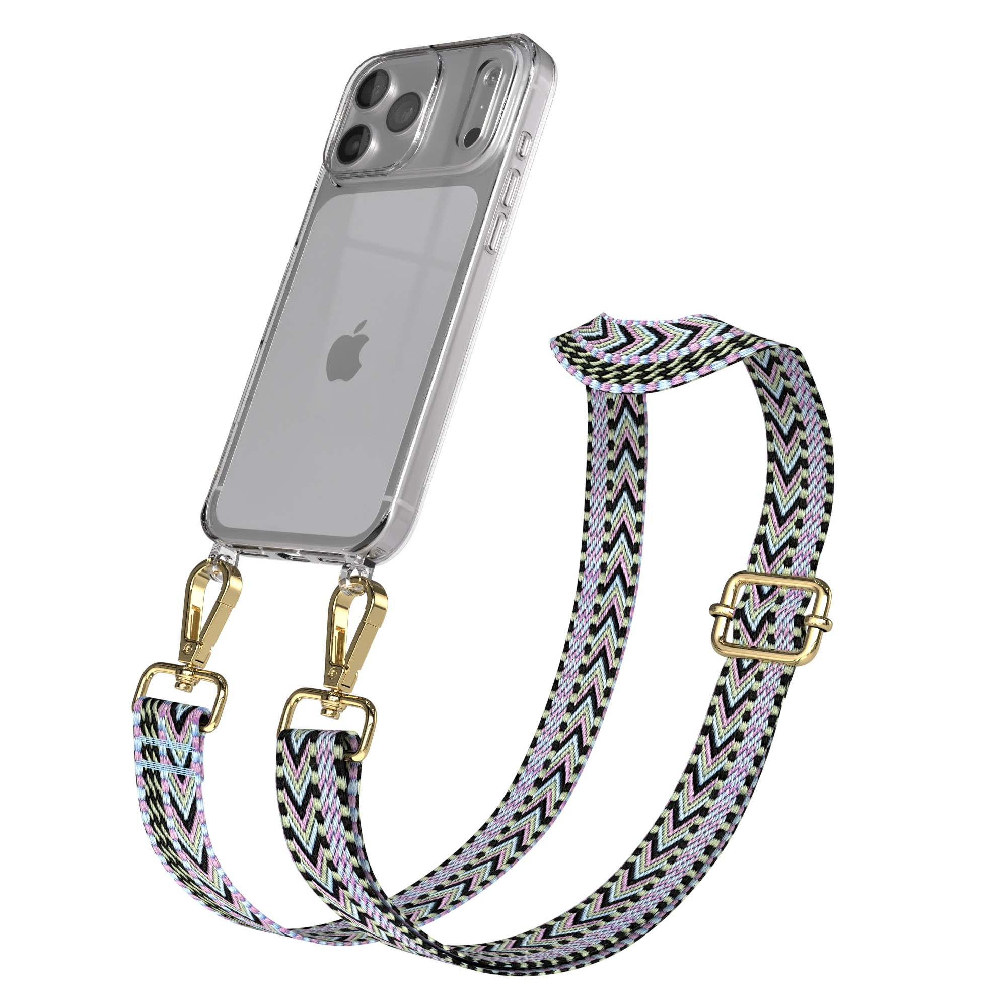 Transparente Handyhülle mit Band. Das Band hat ein farbenfrohes Zickzackmuster. Goldene Verschlüsse verbinden das Band mit dem Telefon.