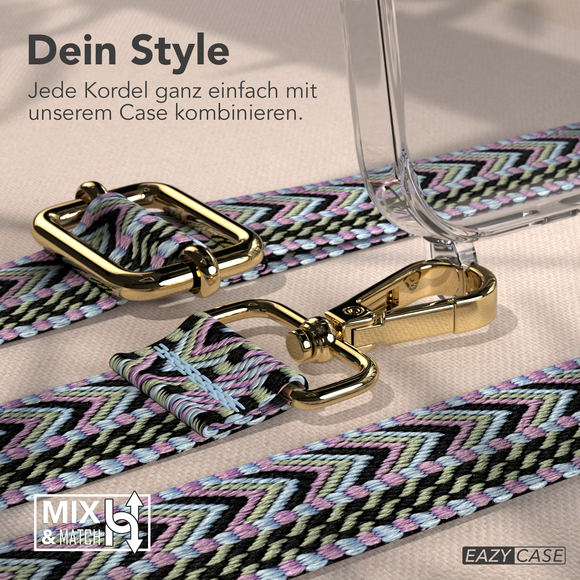 Nahaufnahme eines Handyhüllenriemens mit goldener Hardware und einem gemusterten Riemen in Schwarz, Rosa und Blau.