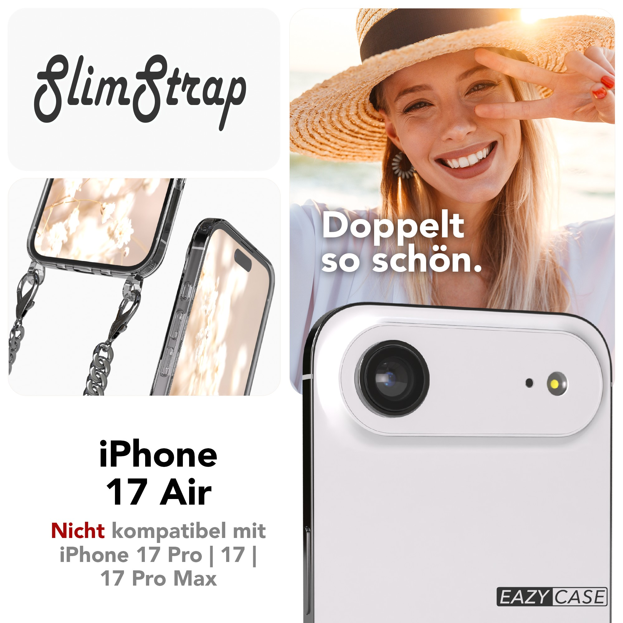 Bild mit Handyhülle, Frau mit Hut, Text 'SlimStrap', 'iPhone 17 Air' und 'Doppelt so schön'.
