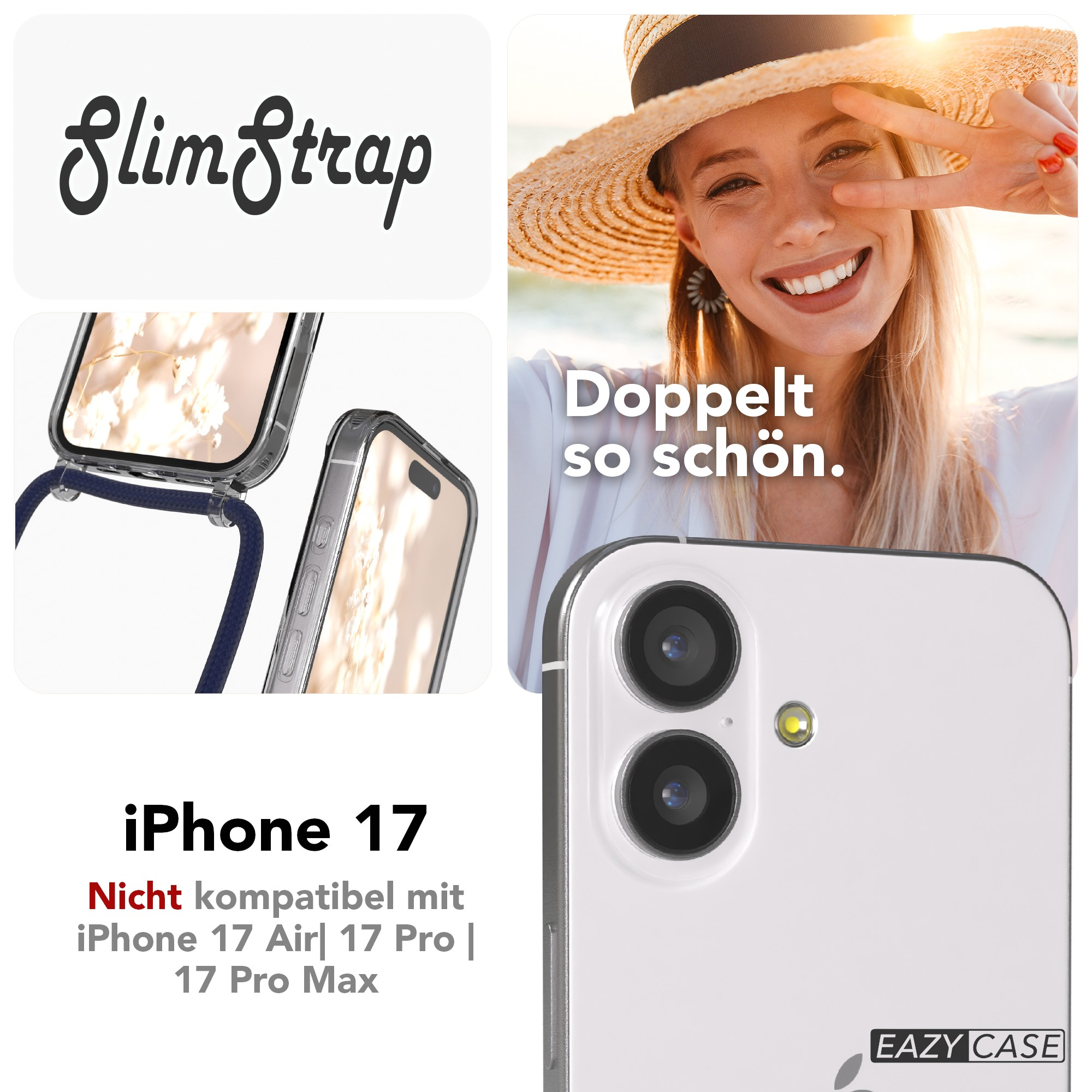Bild mit Text 'SlimStrap', einer Frau mit Friedenszeichen und einer weißen Handyhülle. Text sagt 'iPhone 17'.