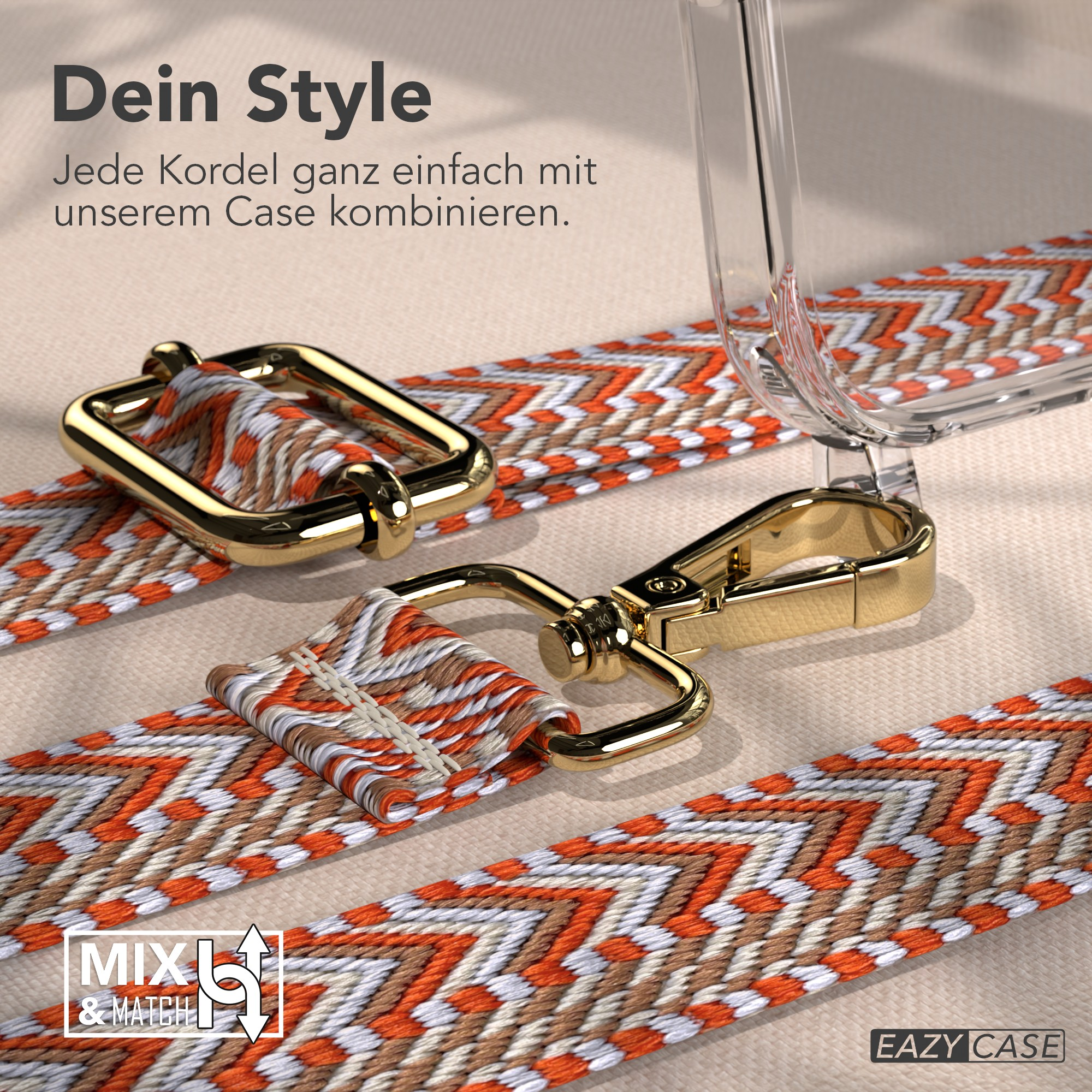 Das Bild zeigt einen Telefonriemen mit einem gewebten Muster in Orange, Weiß und Braun, goldfarbener Hardware und einer transparenten Handyhülle.
