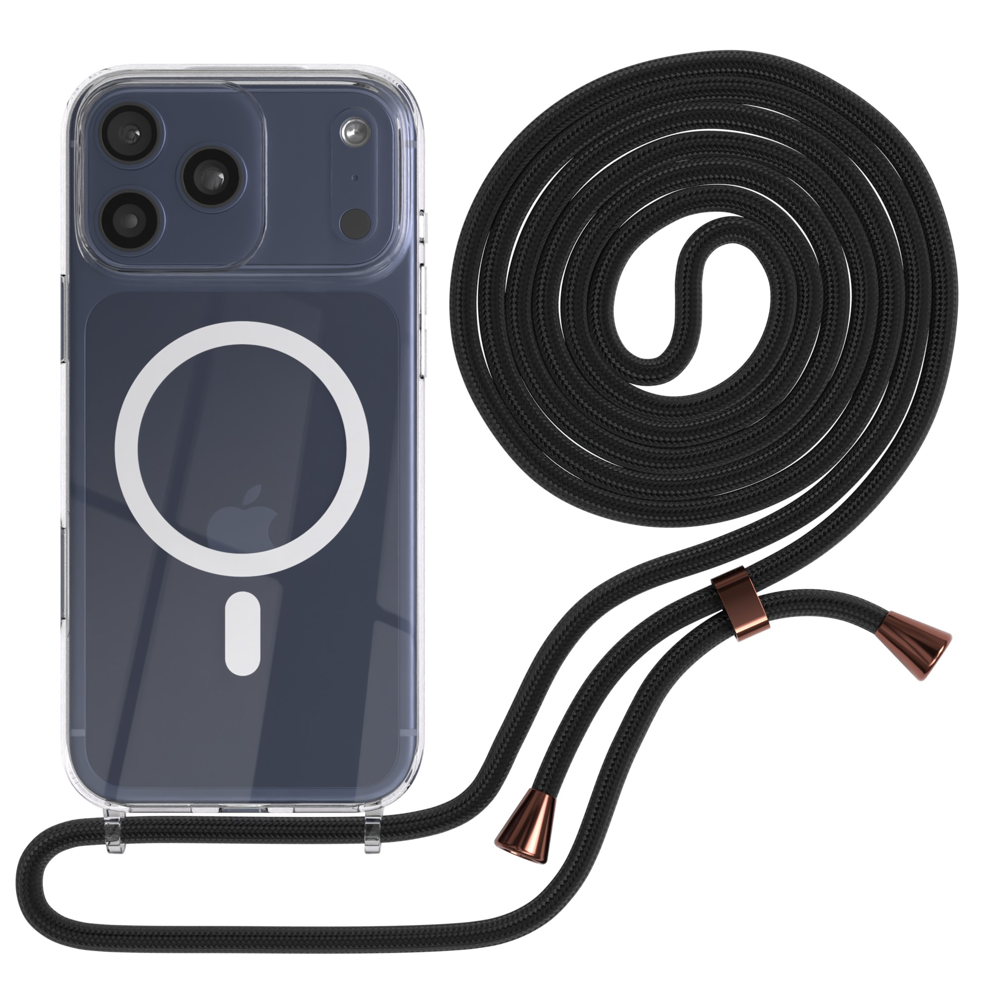 Transparente Handyhülle mit schwarzem Umhängeband. Das Telefon ist dunkelblau. Das Umhängeband ist schwarz mit kupferfarbenen Akzenten.